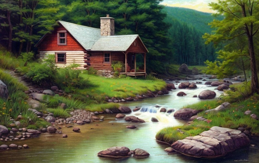 Rustic Log Cabin by Stream in Lush Greenery
