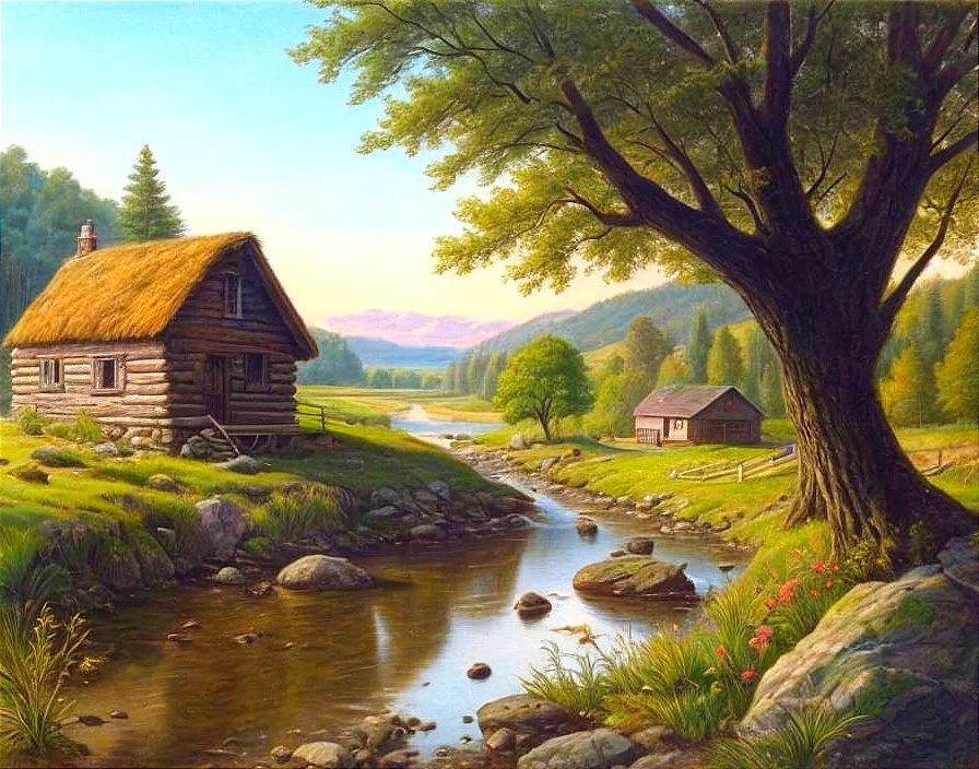 Rustic log cabin by a tranquil stream in nature