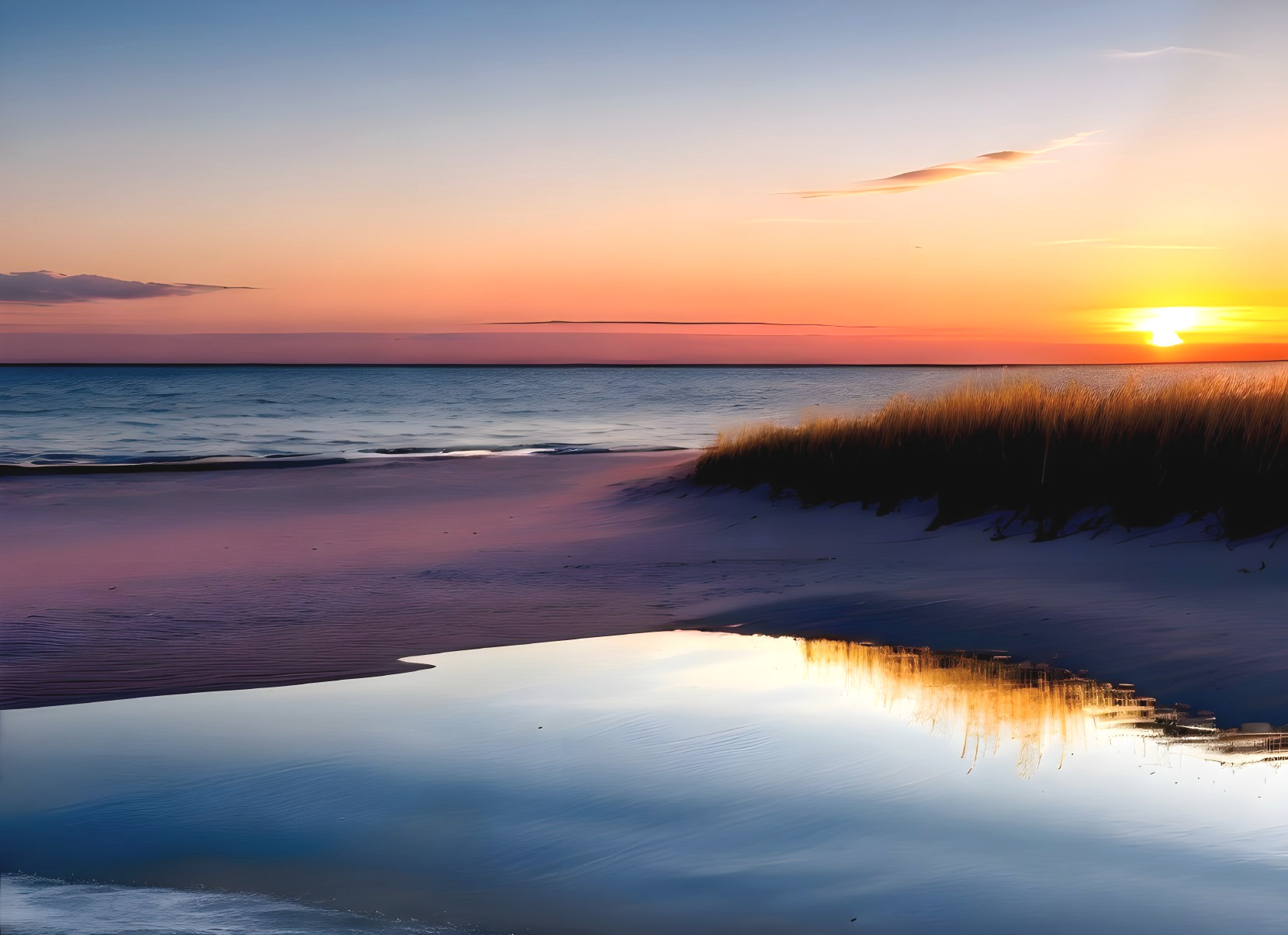 Serene Beach Sunset with Pastel Skies and Calm Water