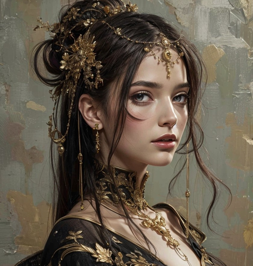 Young Woman in Elegant Black Gown with Gold Accessories