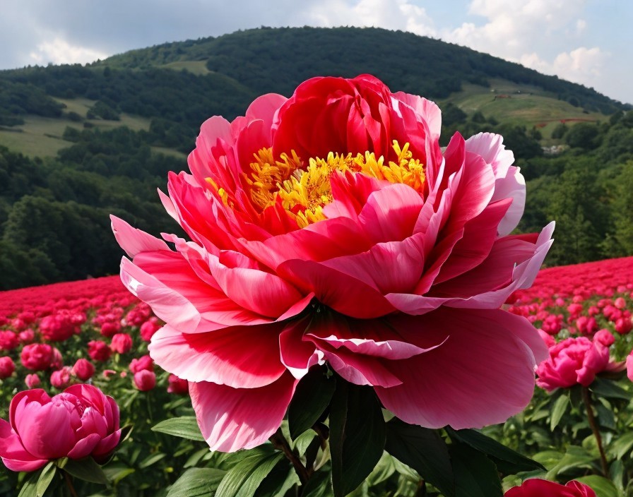 Vibrant Pink Peony Flower in Scenic Landscape