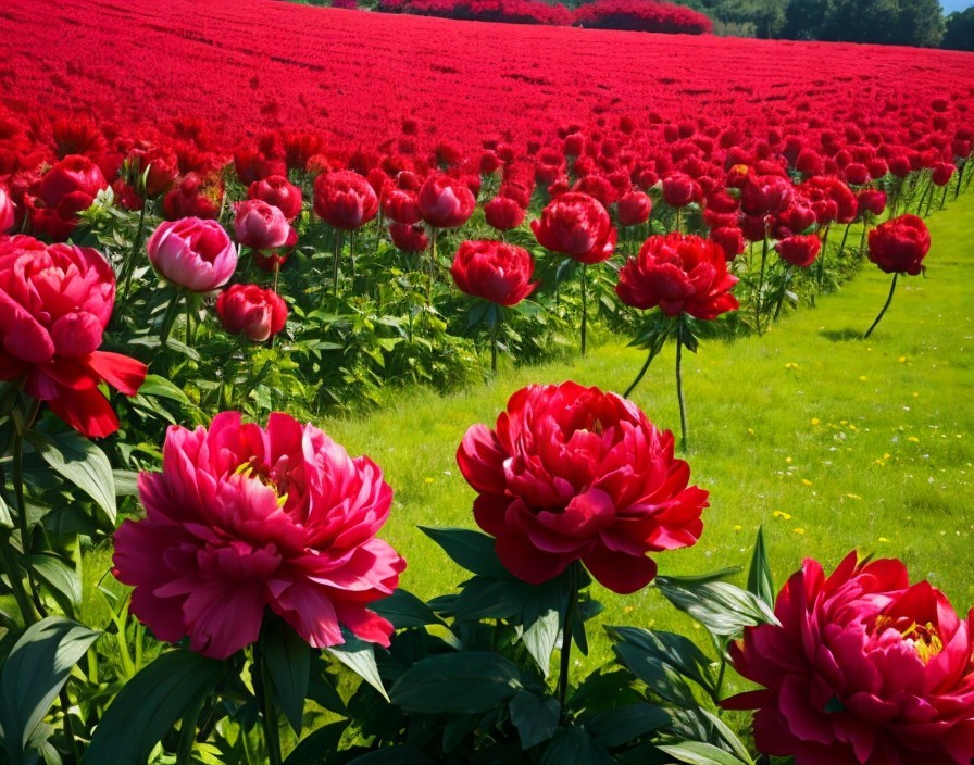 Vibrant Field of Blooming Peonies in Bright Sunlight