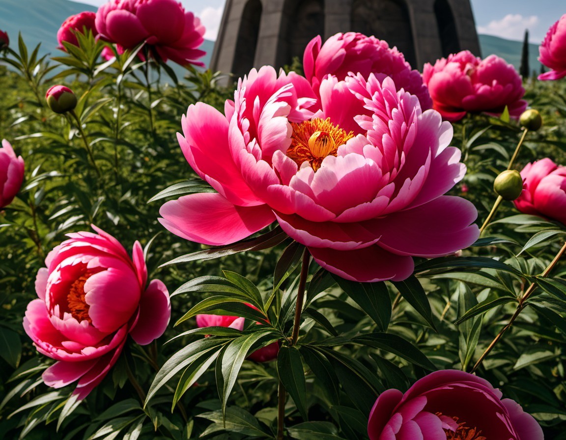 Vibrant Pink Peonies Blooming Against Green Background