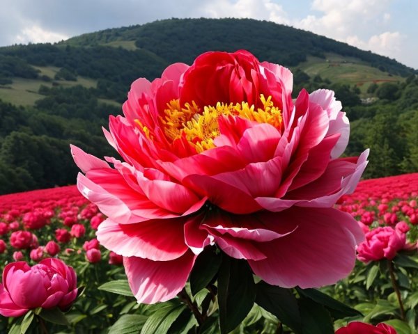 Vibrant Pink Peony Flower in Scenic Landscape