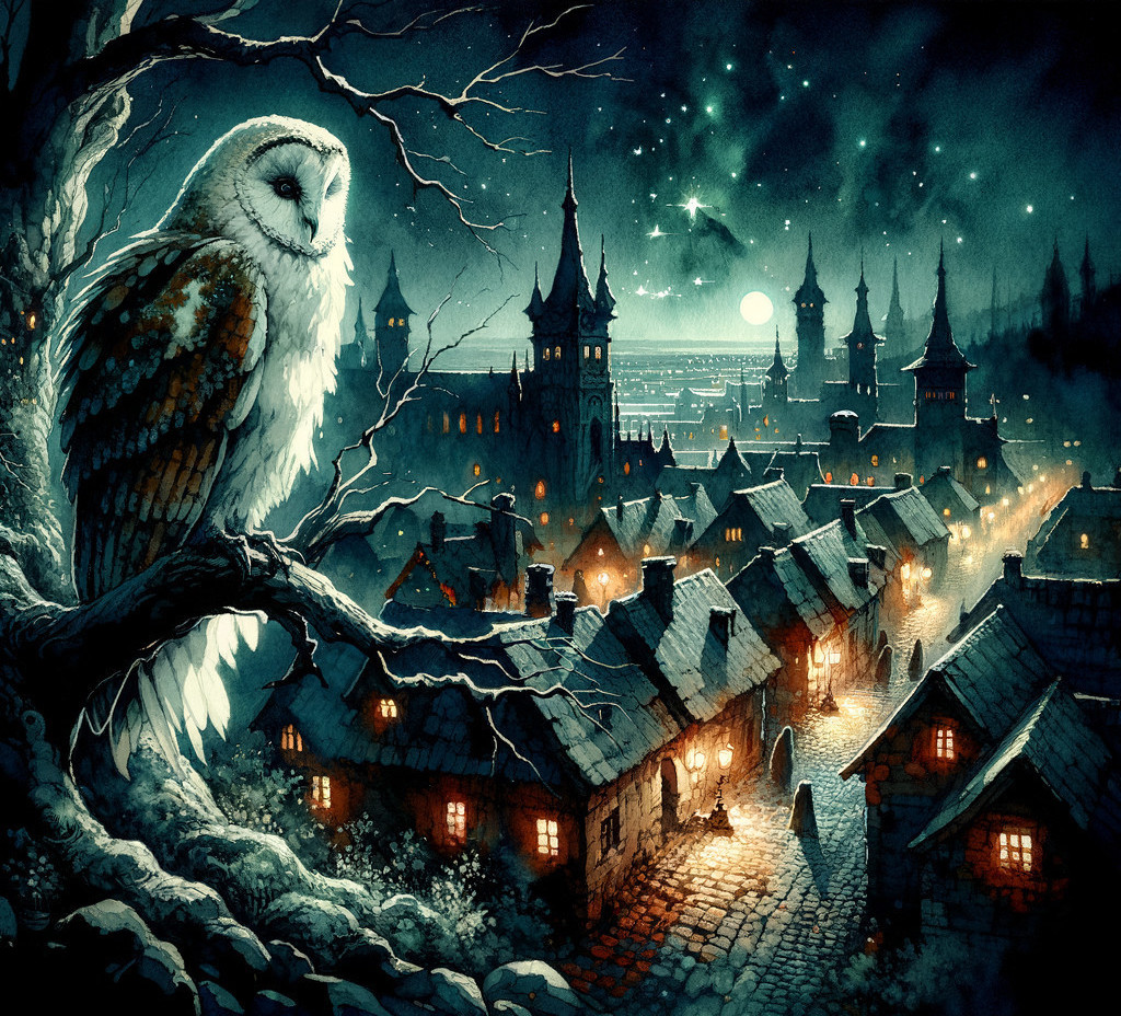 Mystical Night in a Quaint Village with Owl and Stars