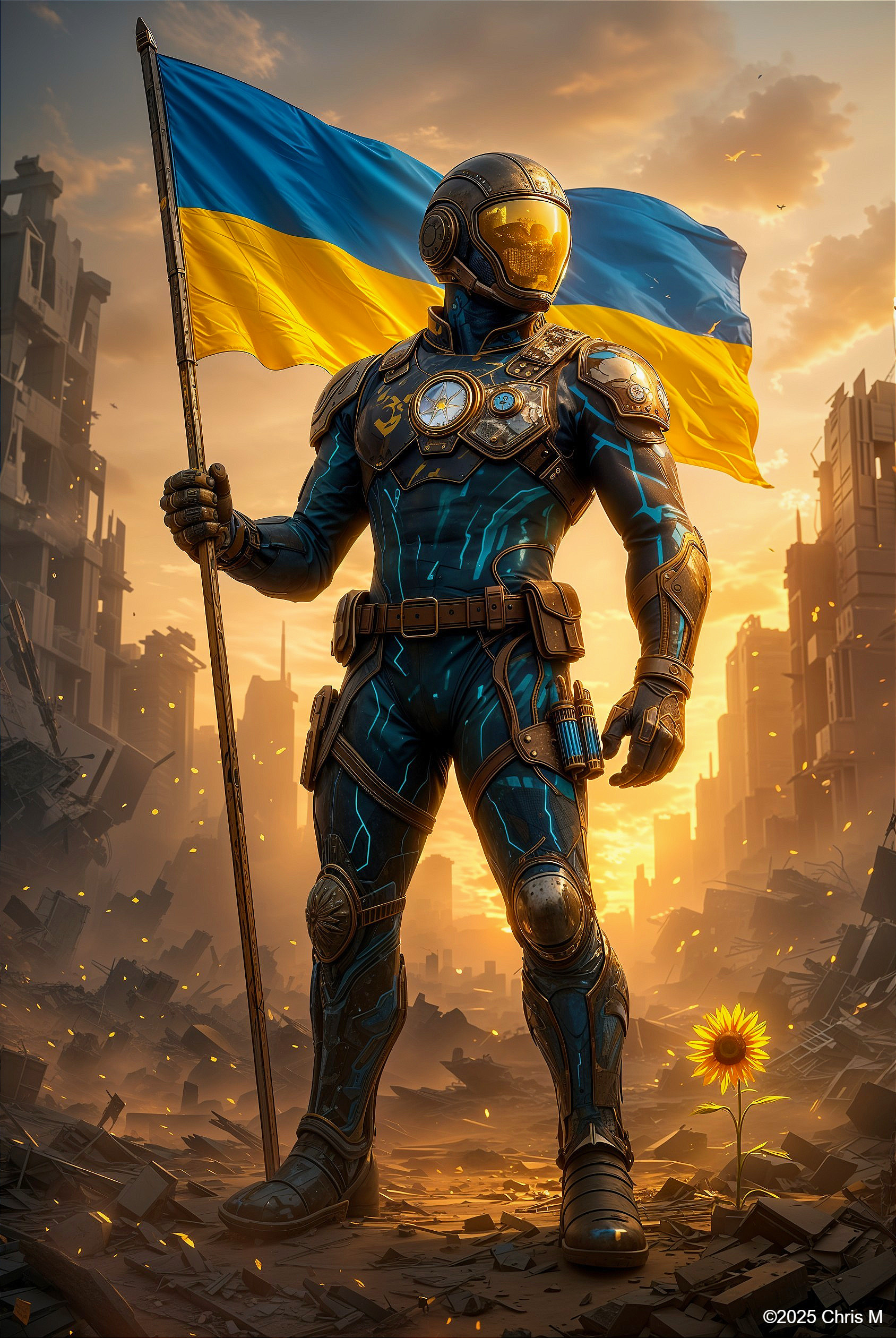 Futuristic soldier in armored suit with glowing patterns