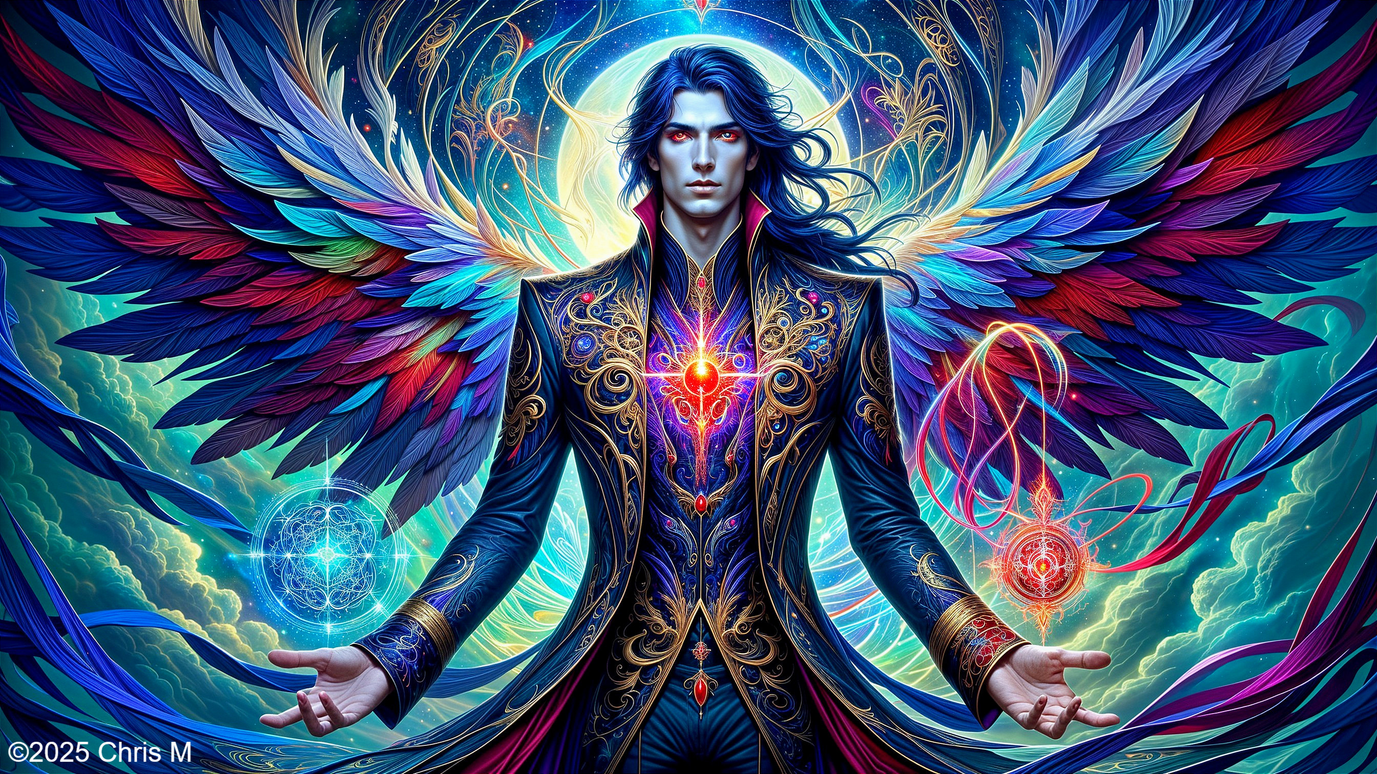 Character with Dark Suit and Colorful Wings