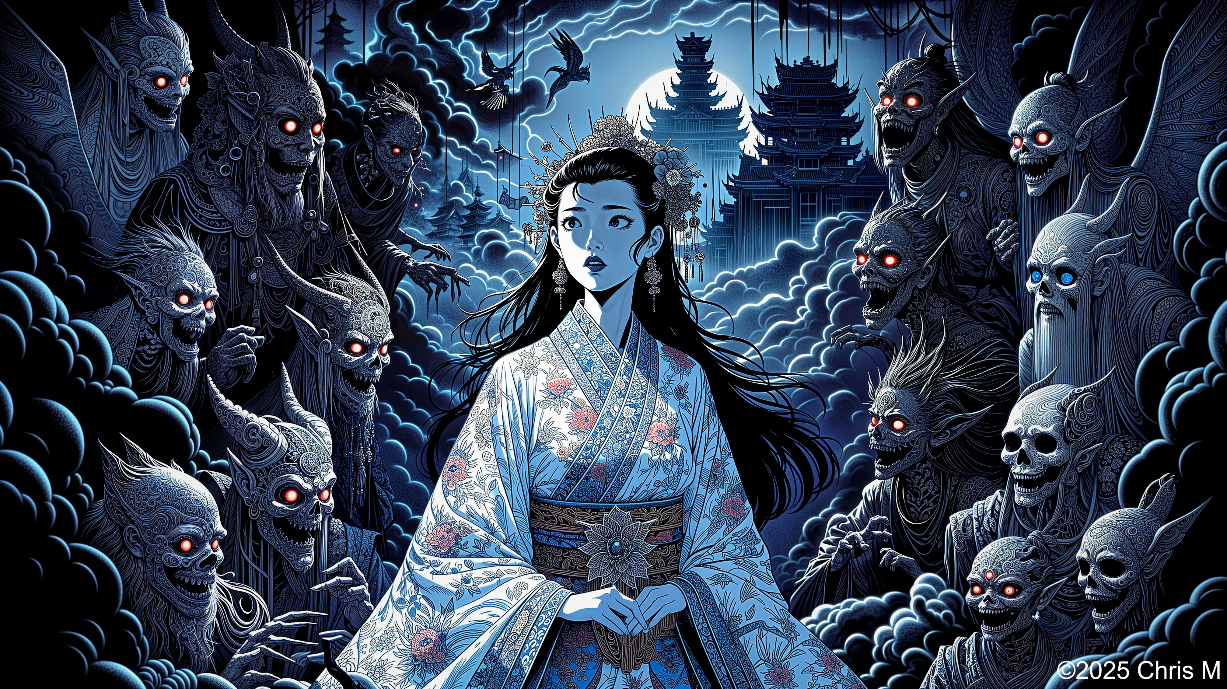 Traditional Kimono Amid Ghostly Apparitions and Clouds