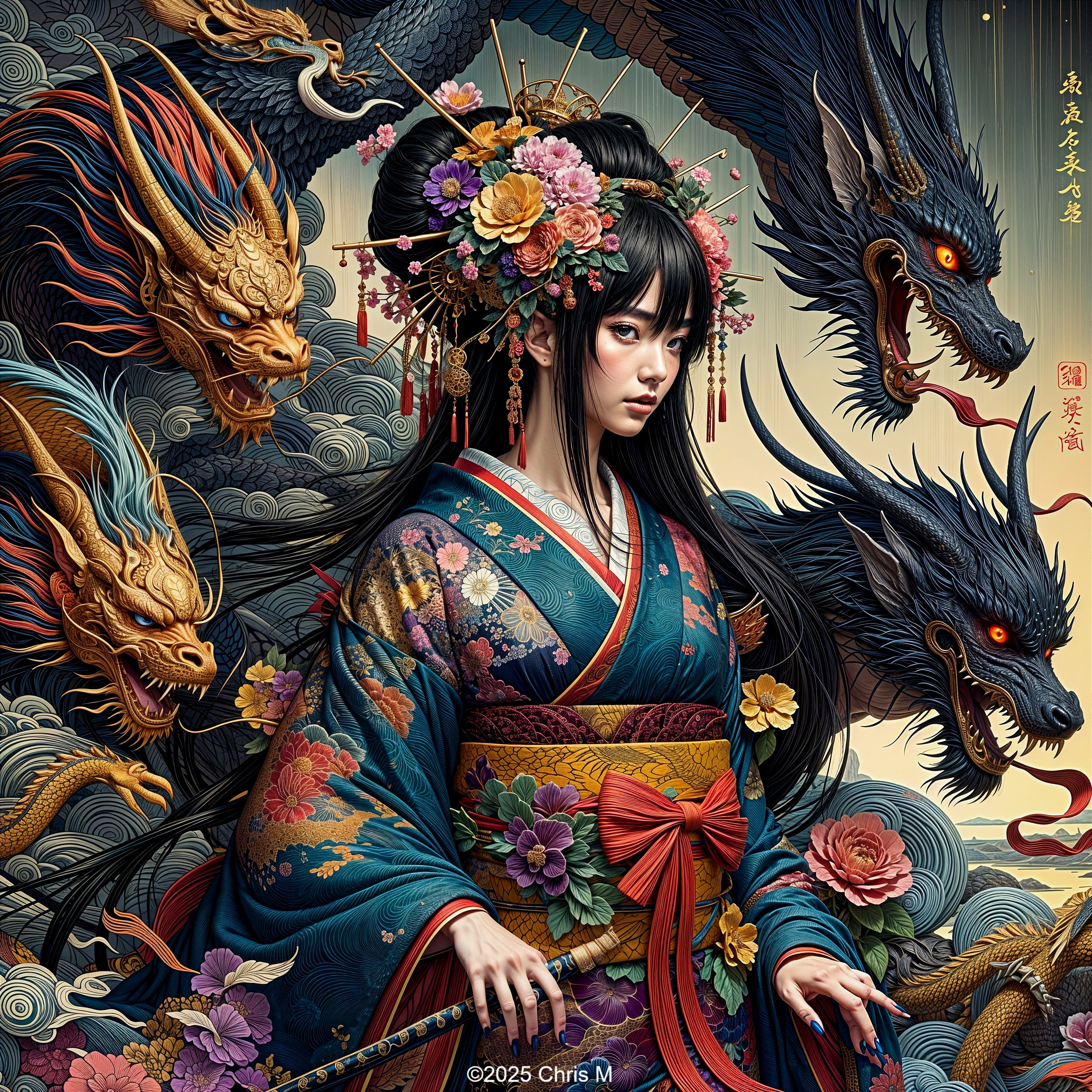 Artwork of a Woman in Kimono with Swirling Dragons