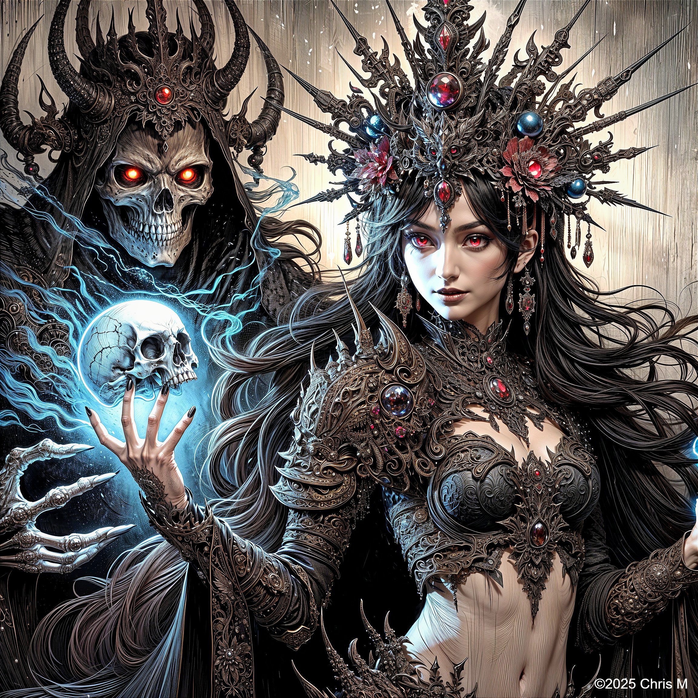 Regal Woman and Skeletal Figure in Fantasy Scene