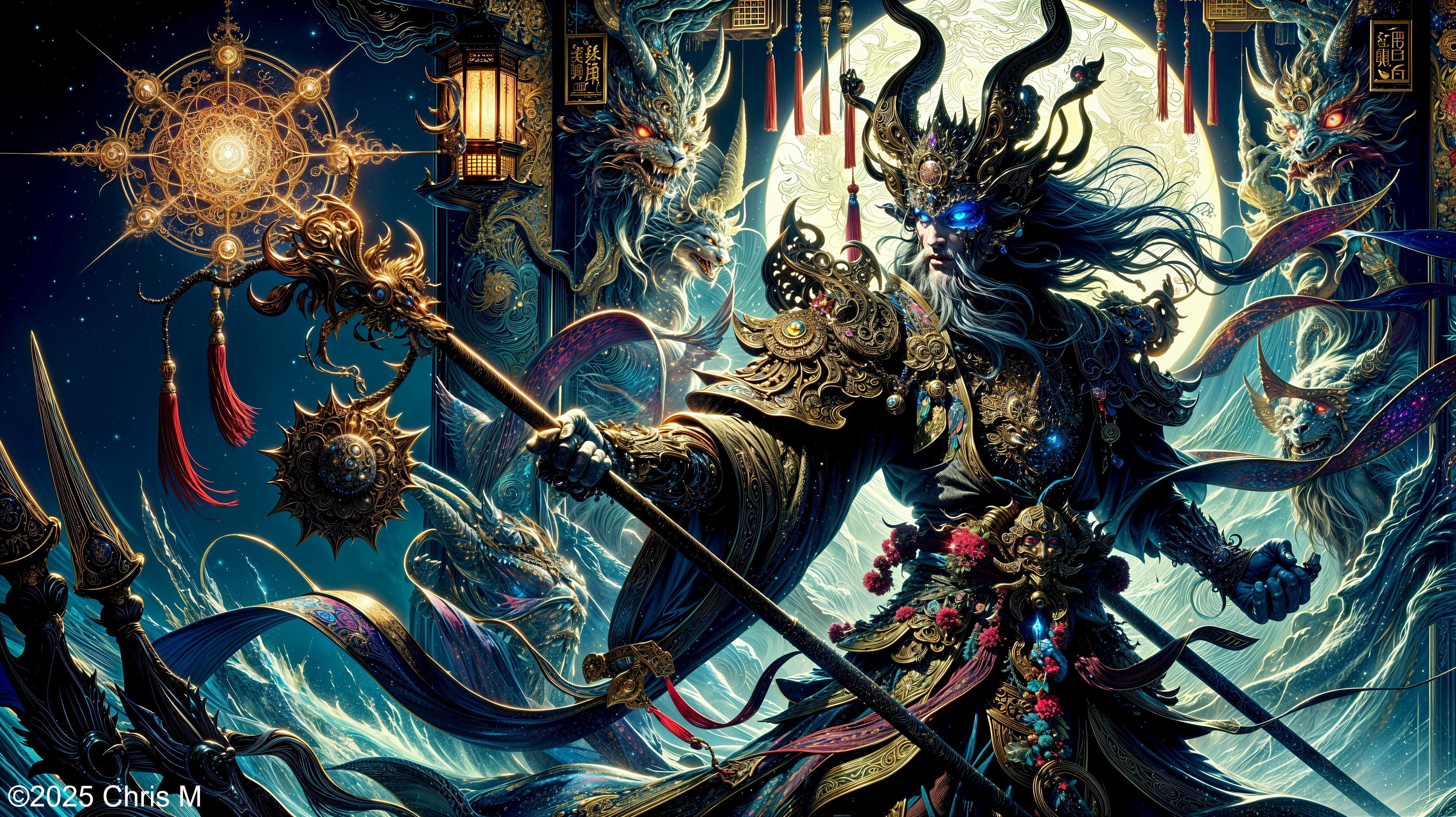 Majestic cloaked figure with dragons and glowing orb
