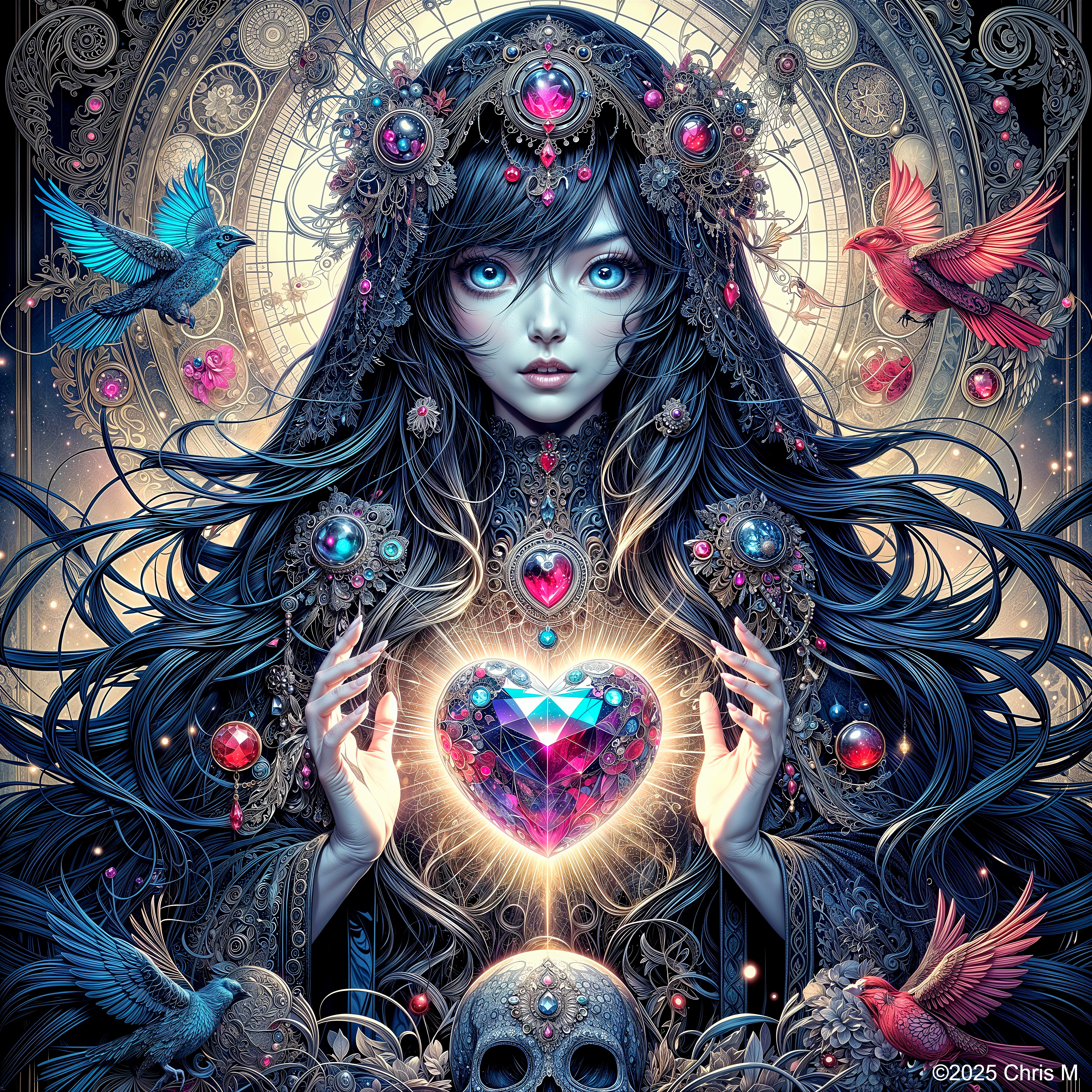 Mystical Woman in Elaborate Attire with Gemstone and Patterns