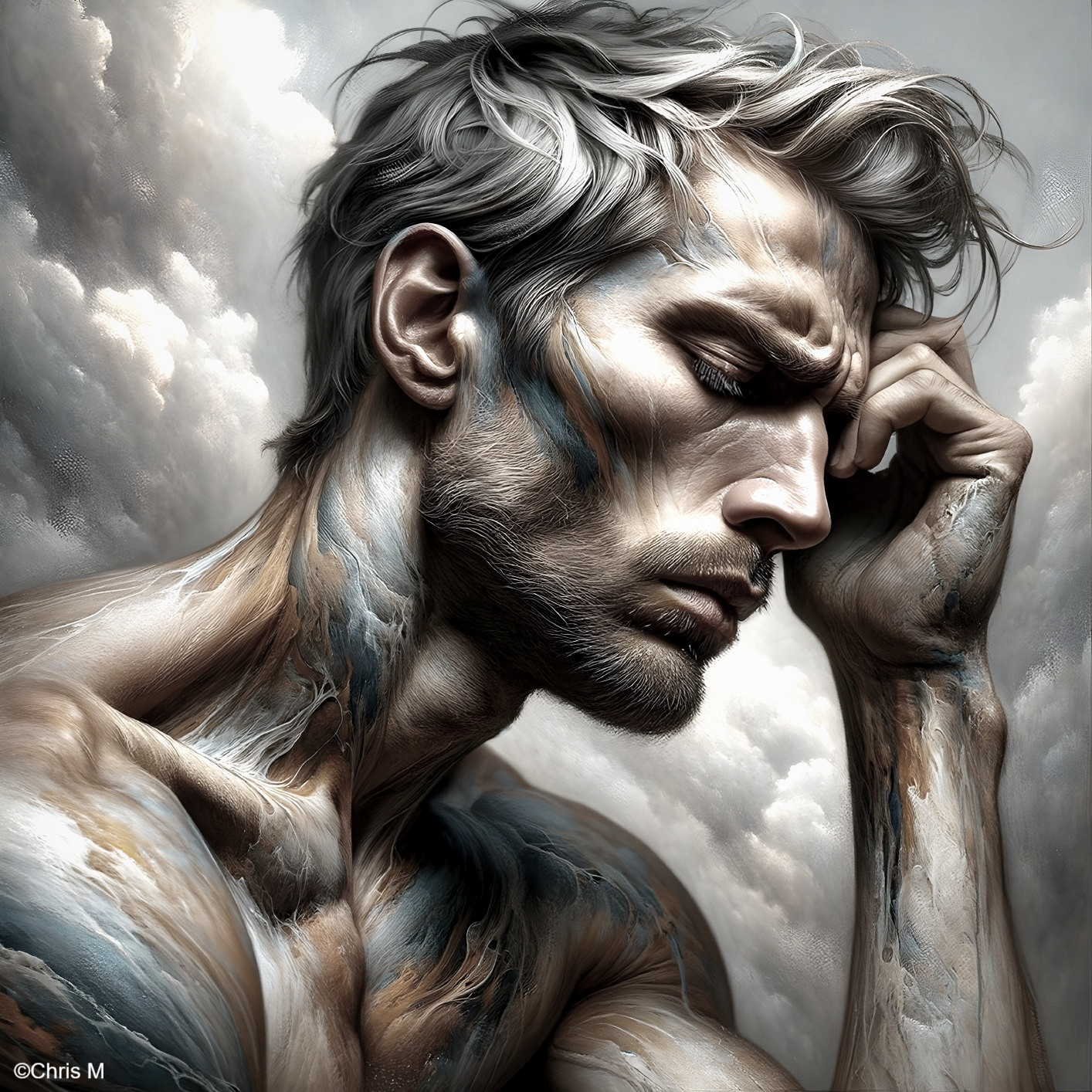 Profile of a Muscular Man in Contemplation Artwork