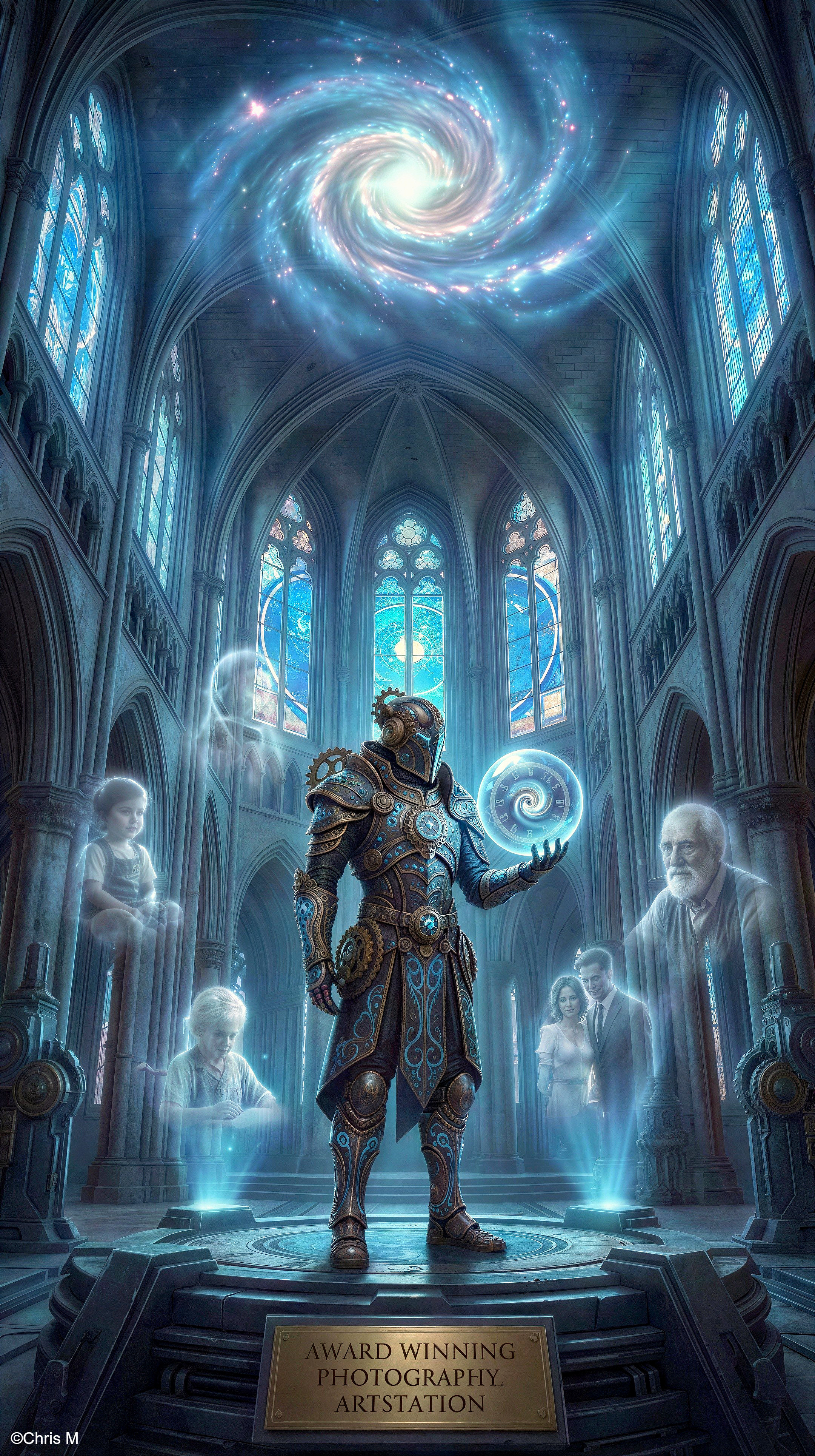 Steampunk Armor Display in Grand Hall with Galaxy Ceiling