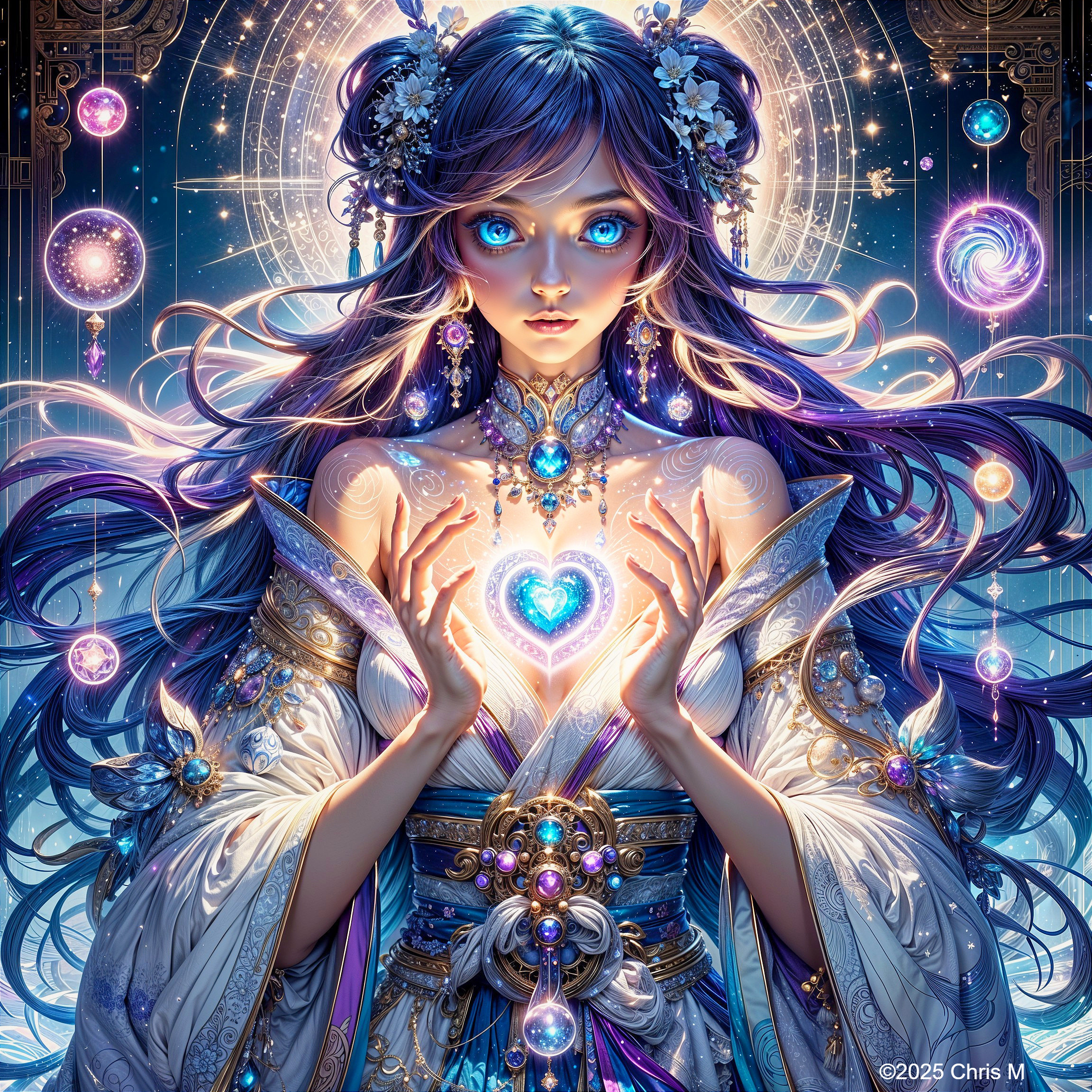 Mystical figure with glowing eyes and celestial motifs