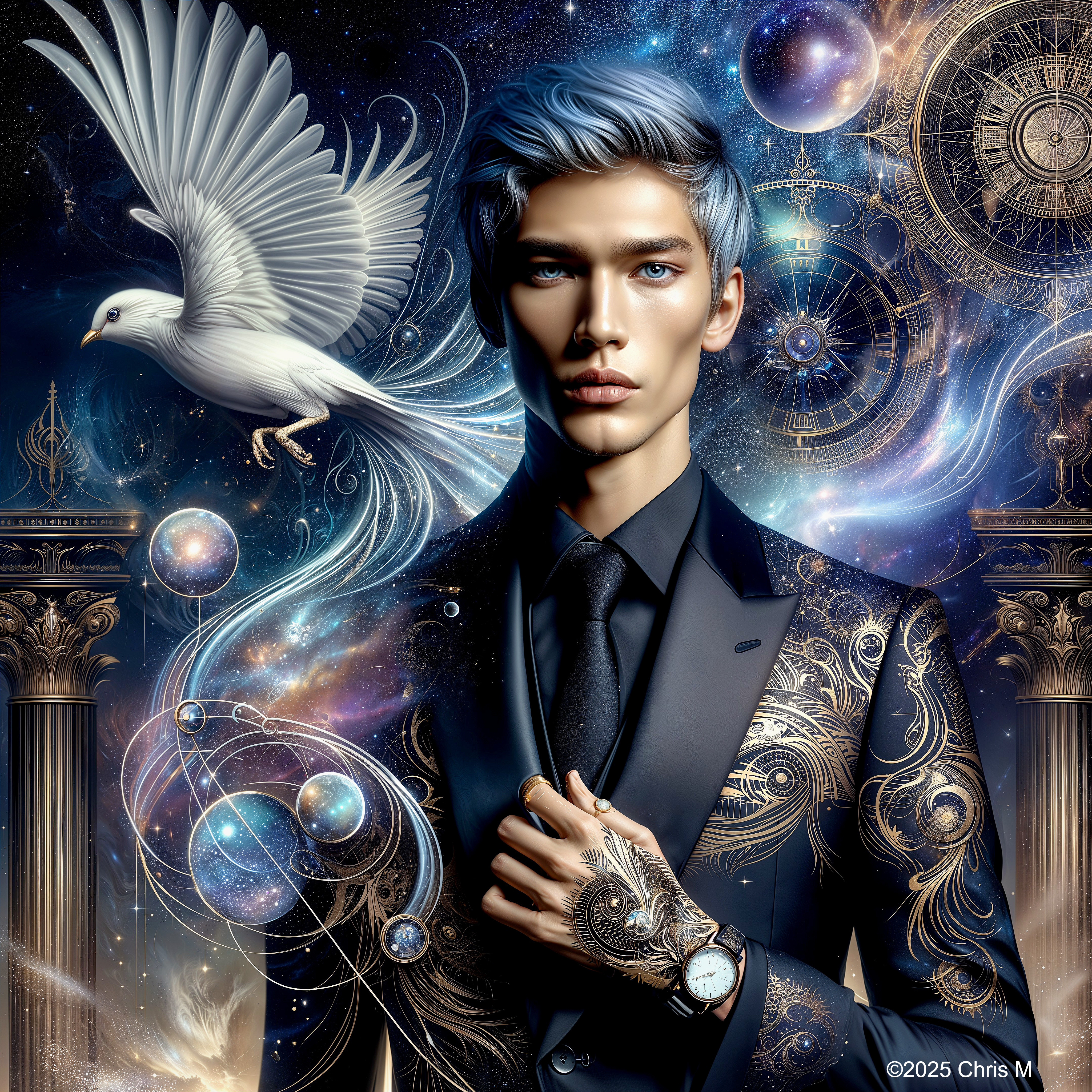 Elegant Figure in Cosmic Backdrop with Dove