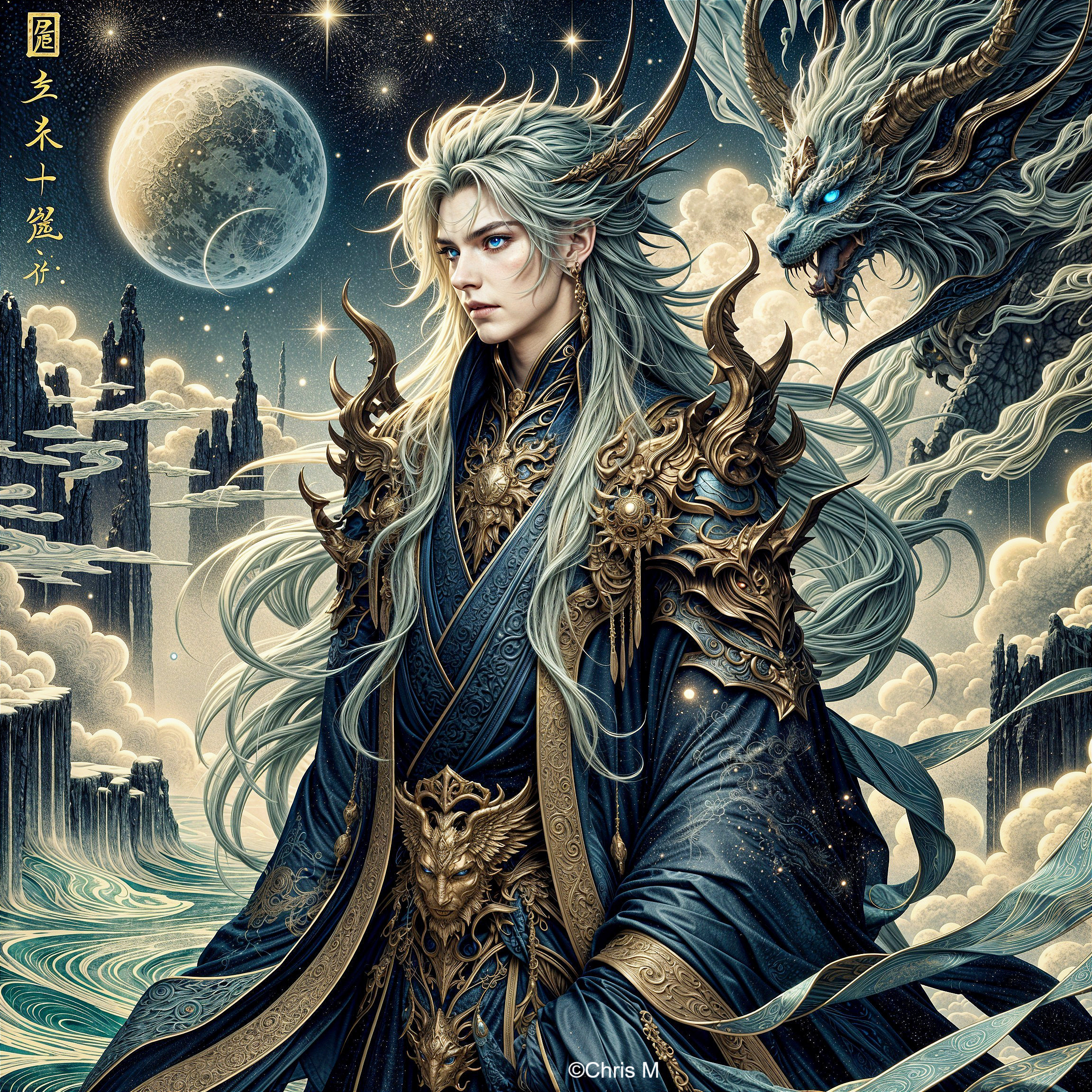 Majestic Figure with Dragon in Cosmic Fantasy Scene