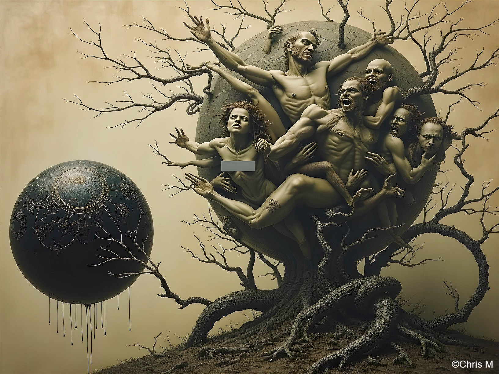 Surreal Scene of Twisted Tree with Human Figures