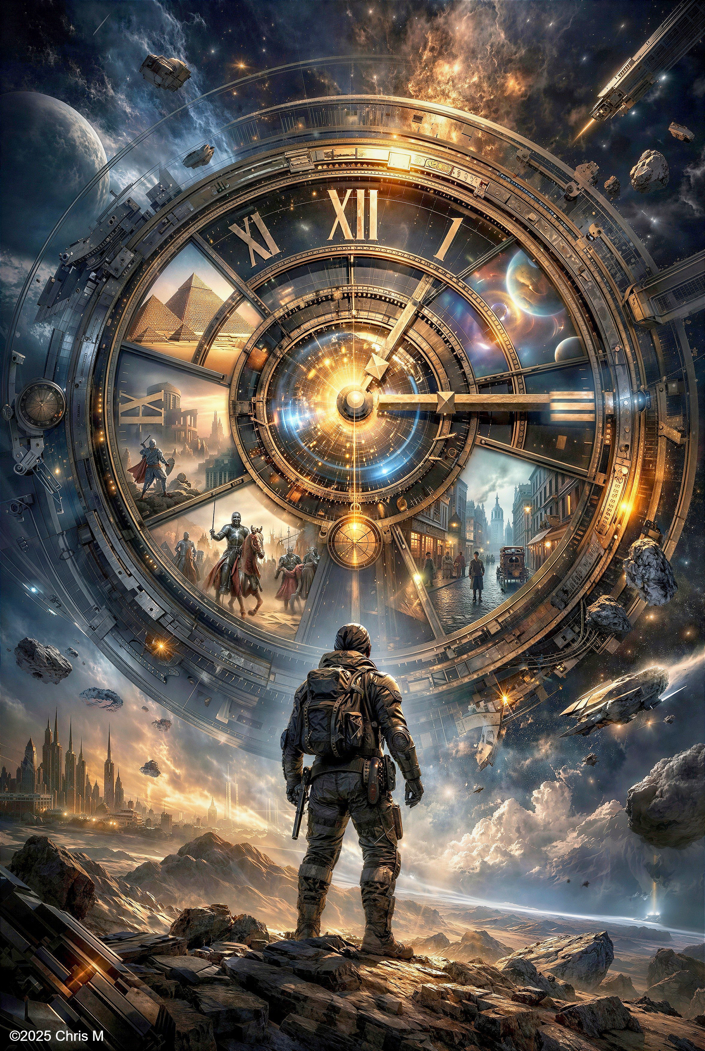 Soldier Observing Steampunk Clock Amidst Galactic Scene