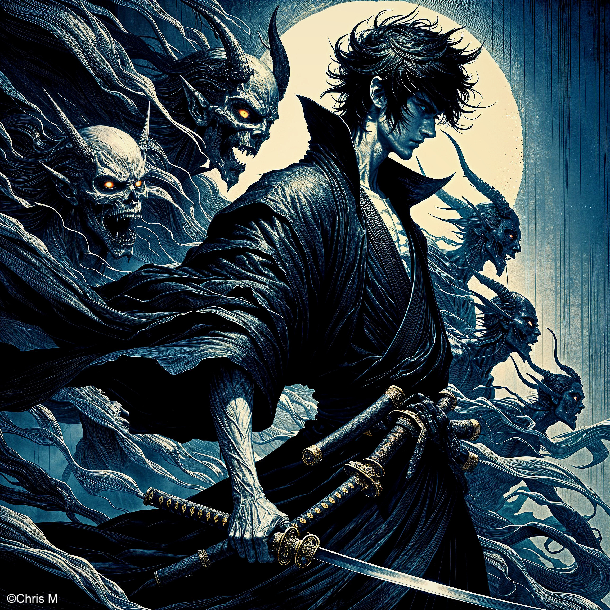 Brooding Figure with Katana and Ghostly Apparitions
