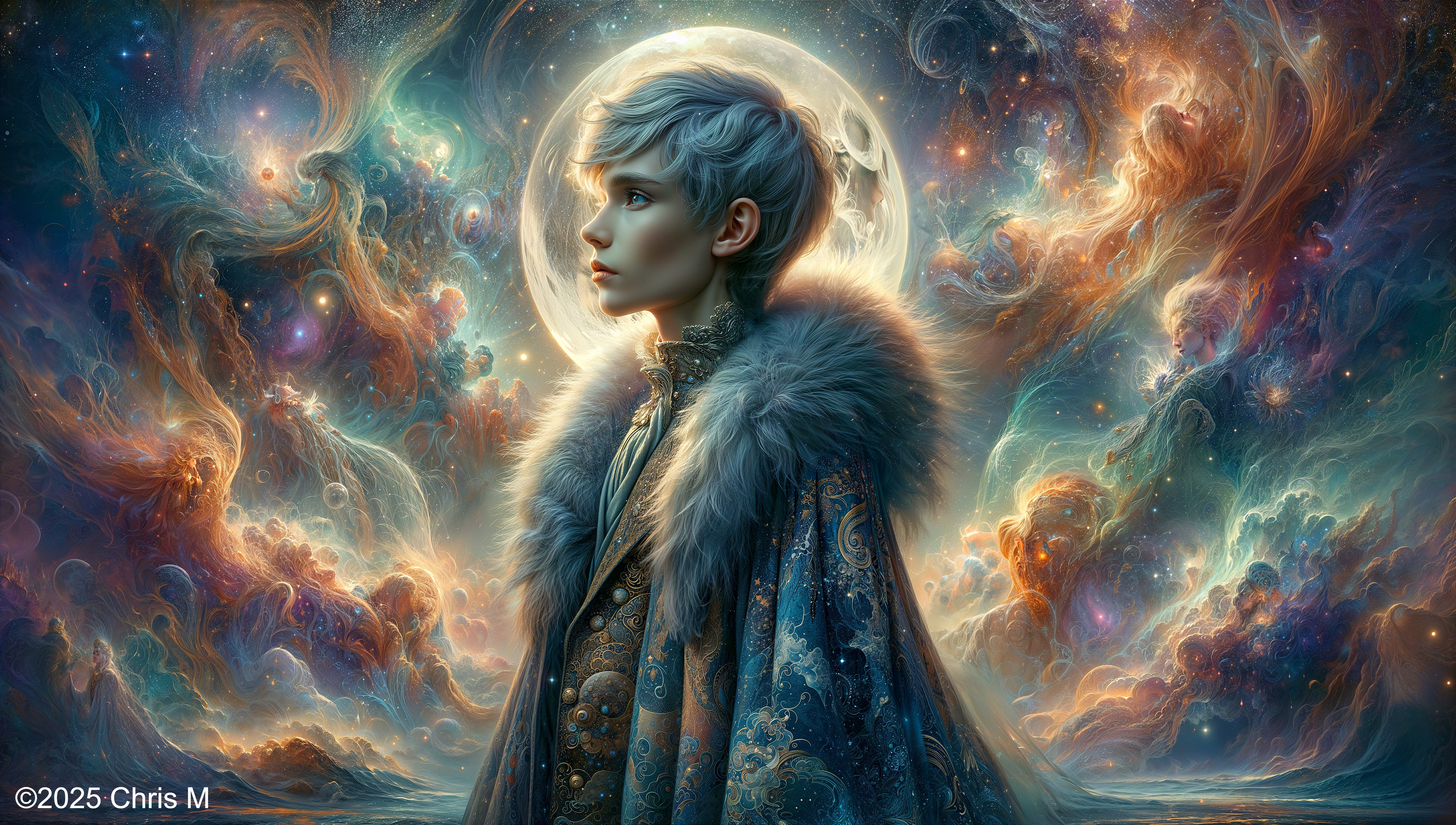 Mystical figure in colorful cloak against cosmic backdrop