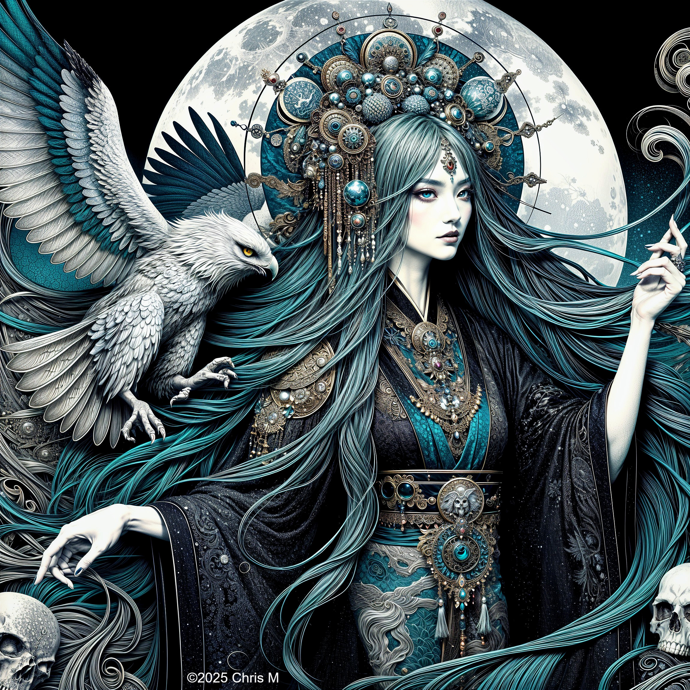 Mystical Woman with Teal Hair and Luminous Moon