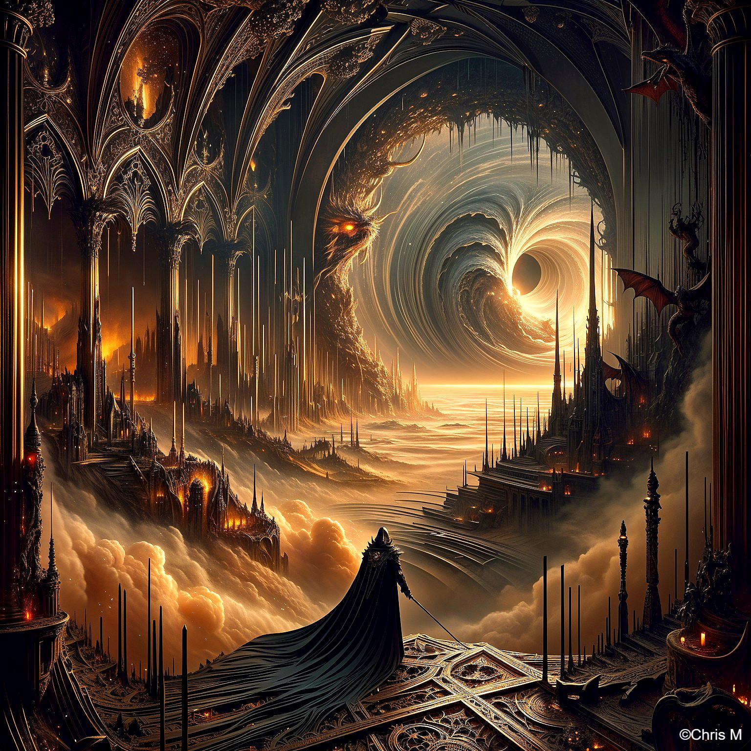 Surreal Gothic Landscape with Cosmic Backdrop