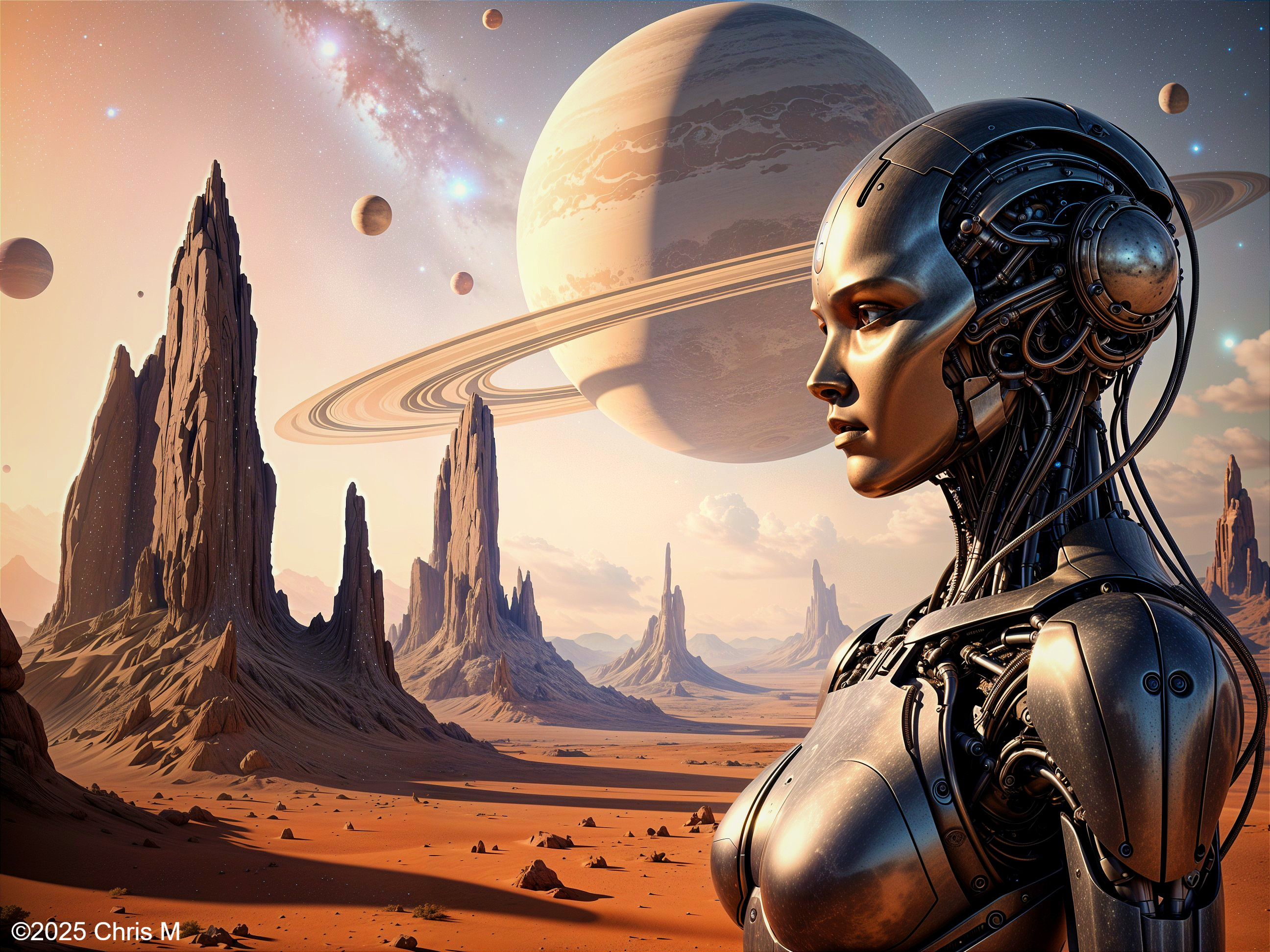 Futuristic Landscape with Robot Woman and Alien World