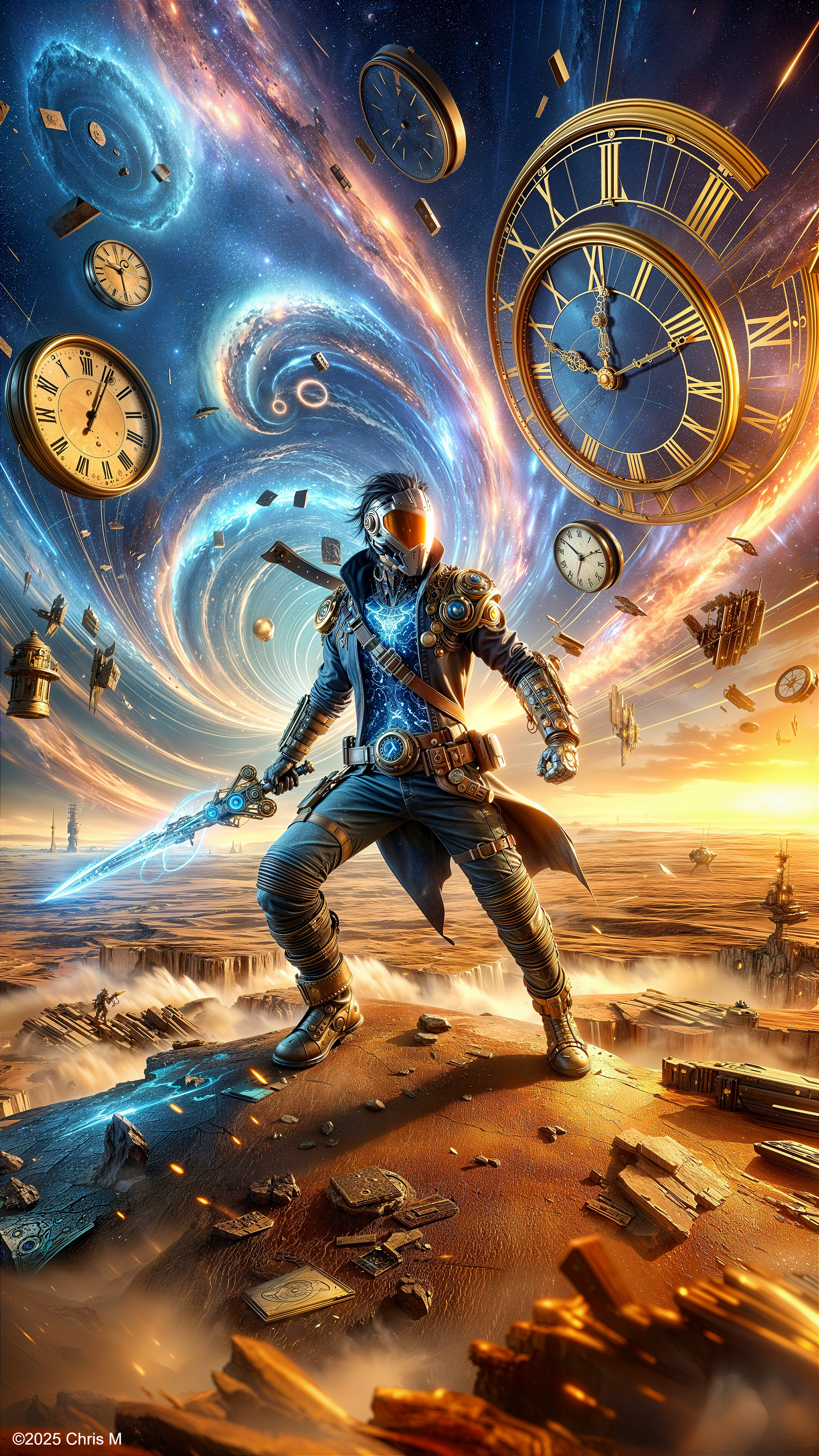 Futuristic warrior in surreal galaxy landscape with clocks