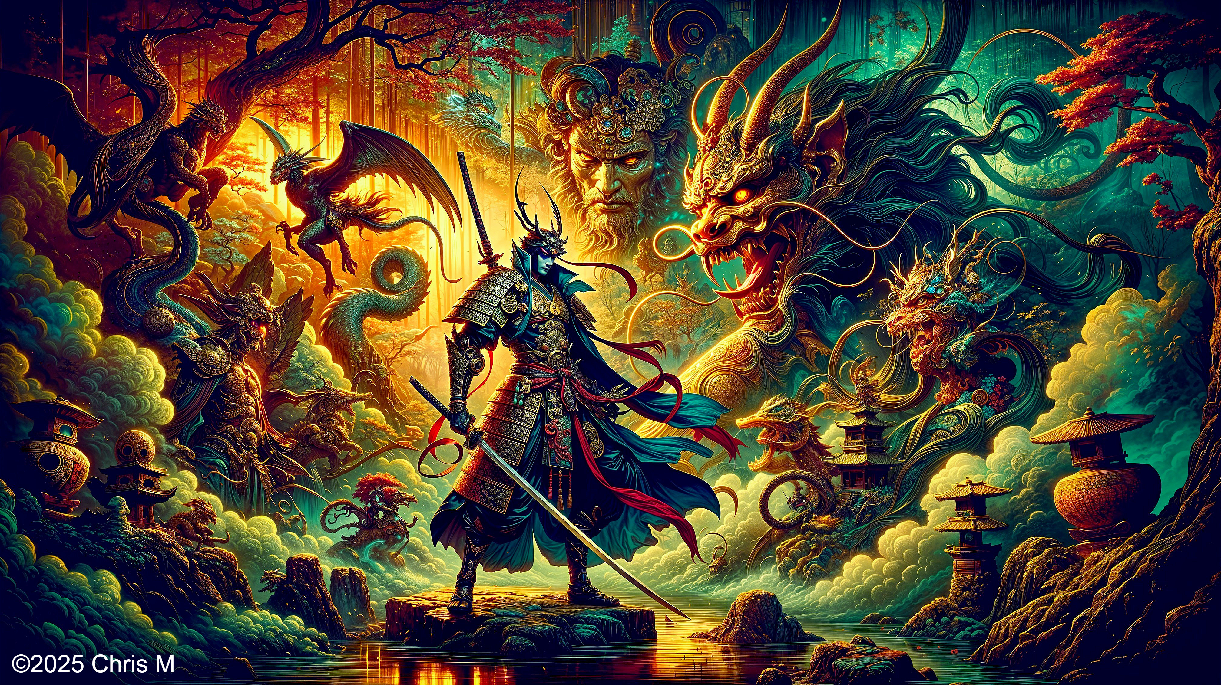 Warrior with Sword in Mystical Dragon Landscape