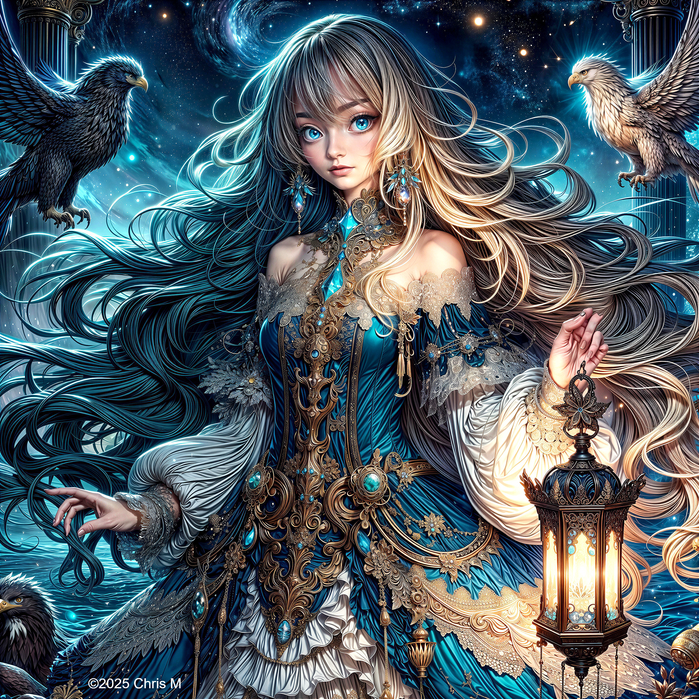Mystical Woman in Celestial Setting with Eagles