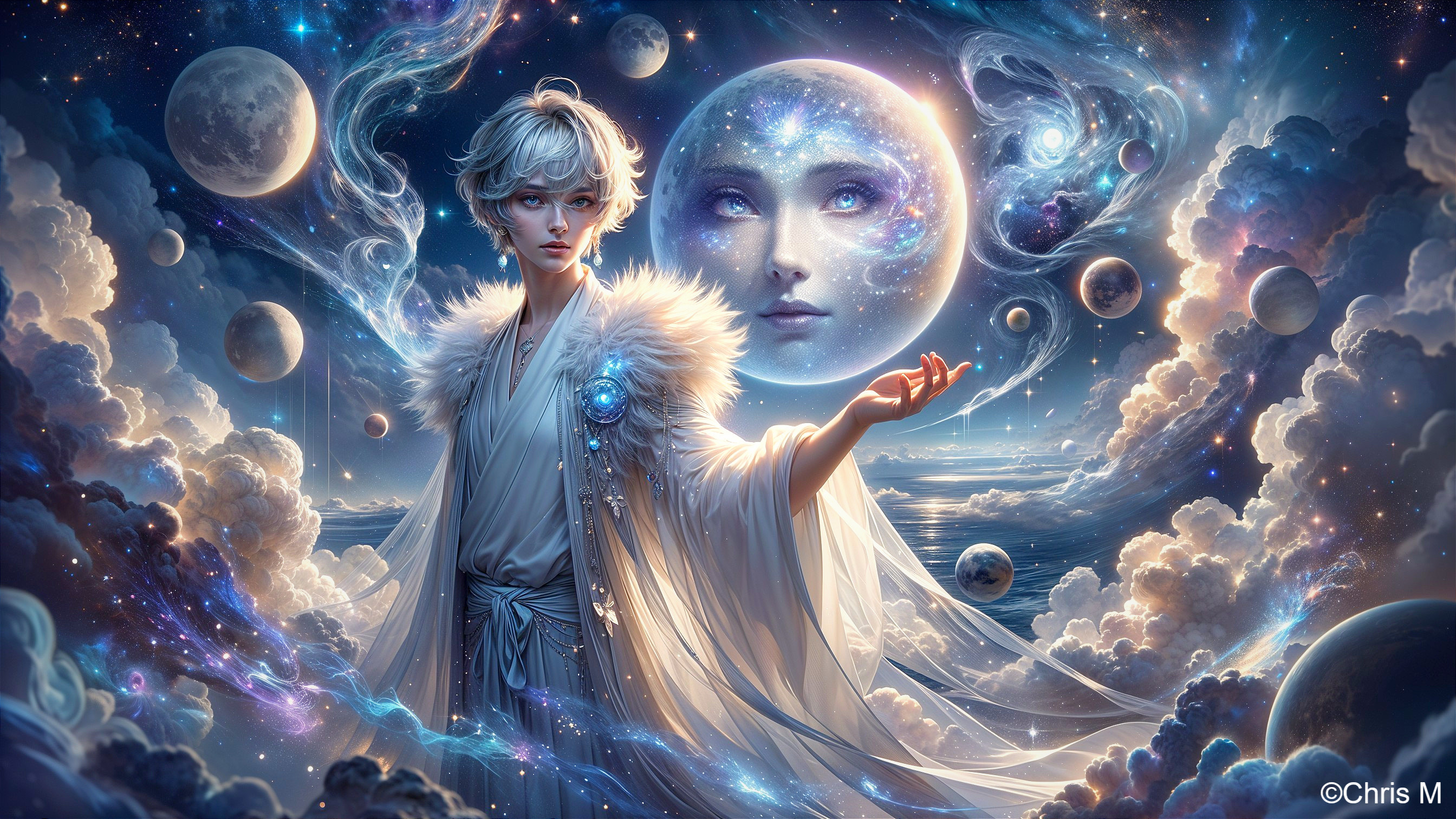 Celestial Figure in Cosmic Landscape with Moon Face