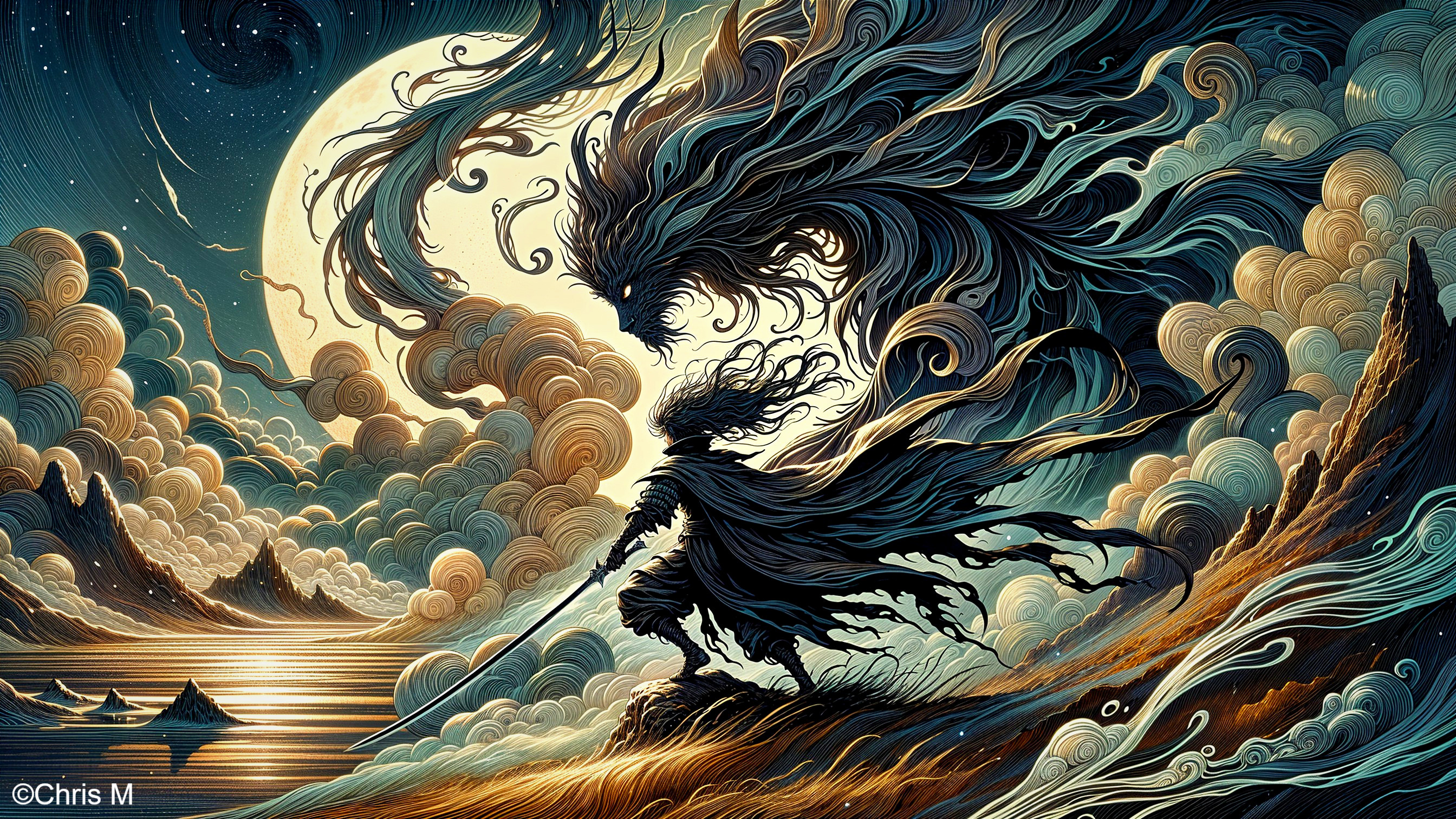 Mystical Figure on Windswept Shore Under Night Sky