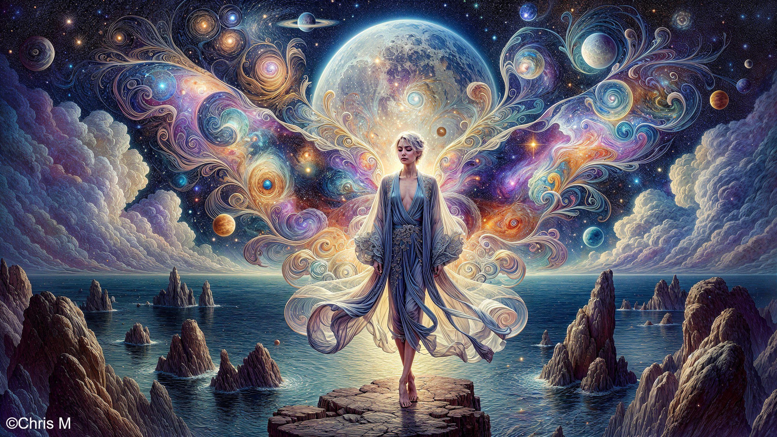 Ethereal Woman with Cosmic Wings on Rocky Shore