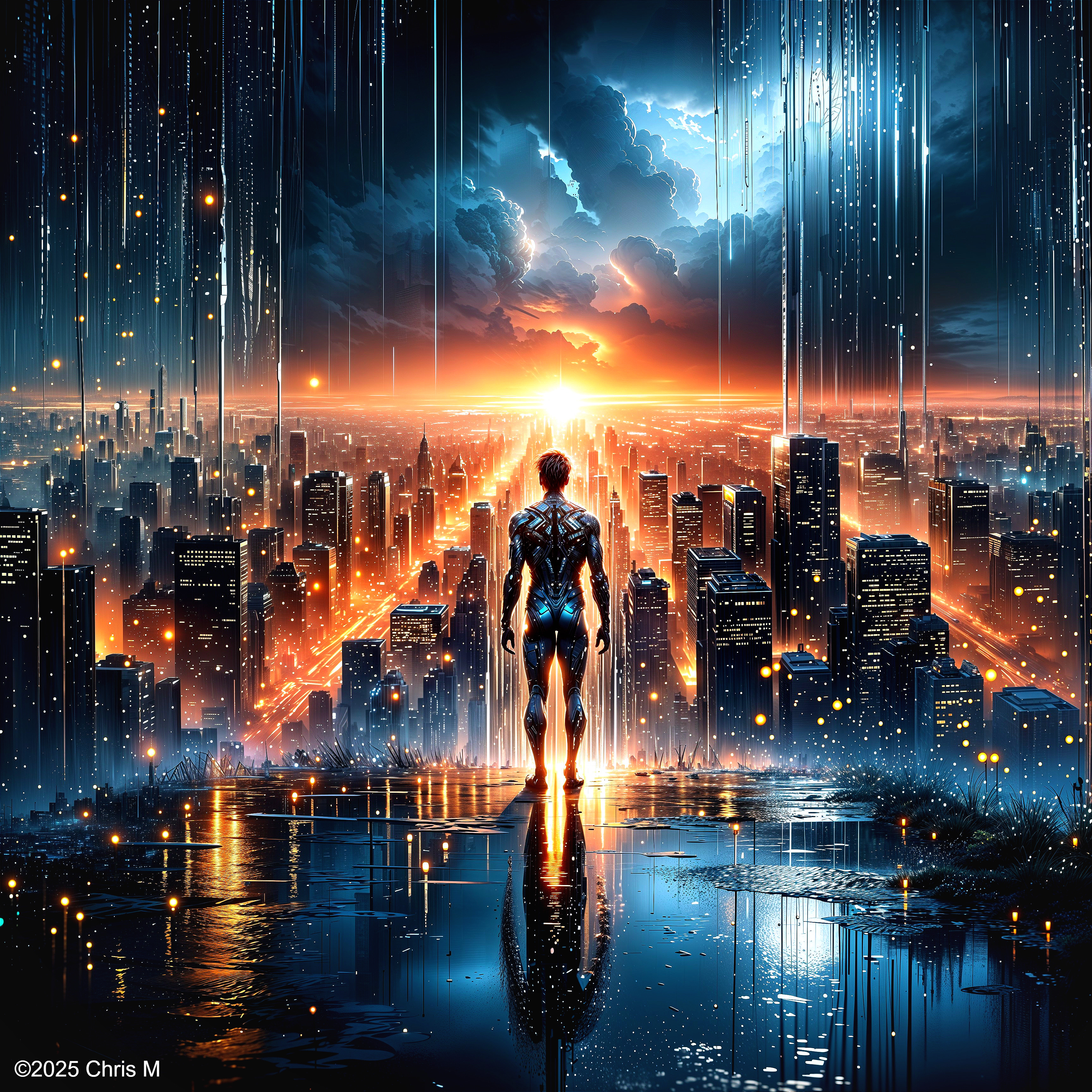 Futuristic cityscape with rain and vibrant sunset
