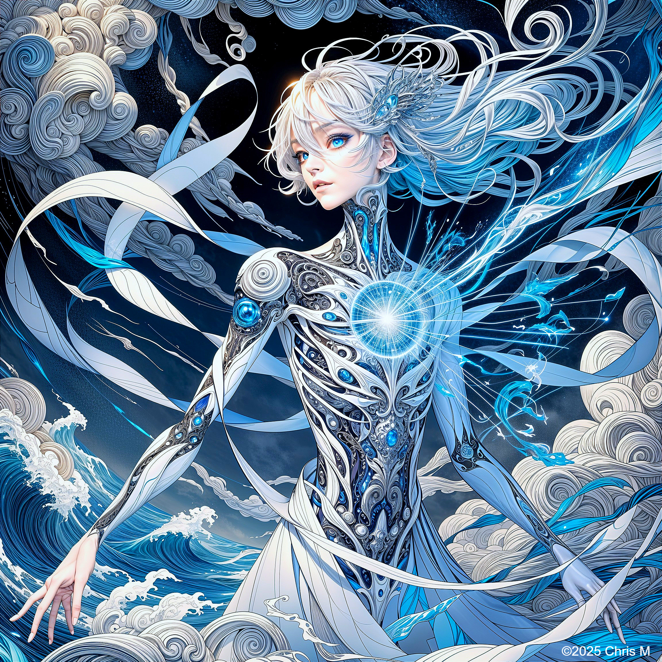 Futuristic figure with white hair in a dynamic scene