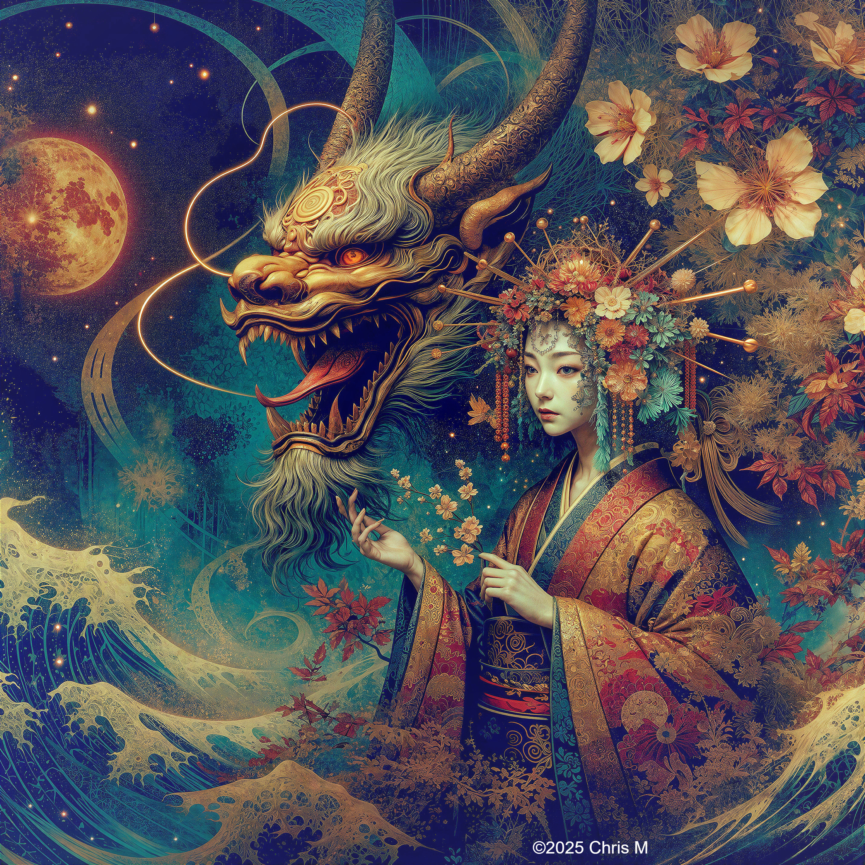 Dragon and Serene Figure in Cosmic Artwork