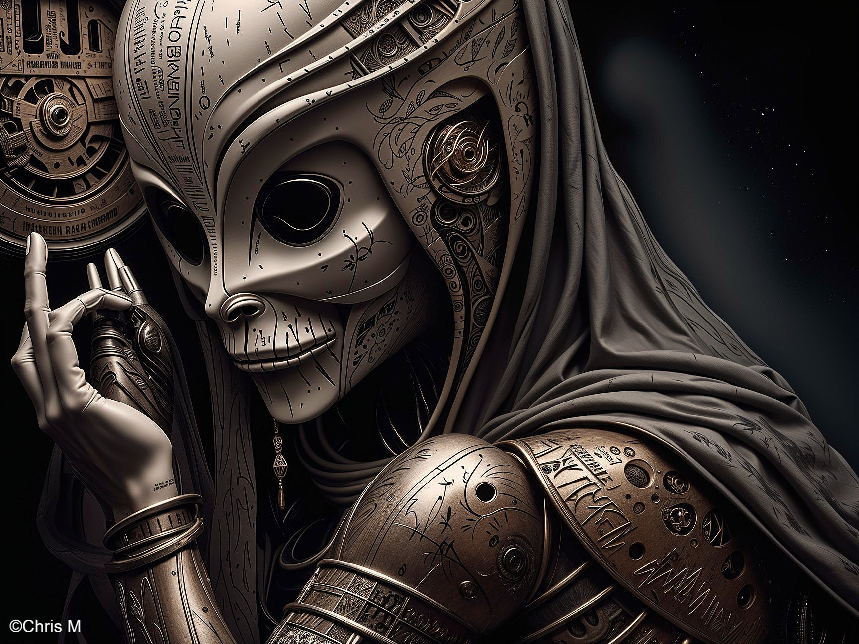 Futuristic Humanoid with Metallic Face and Veil