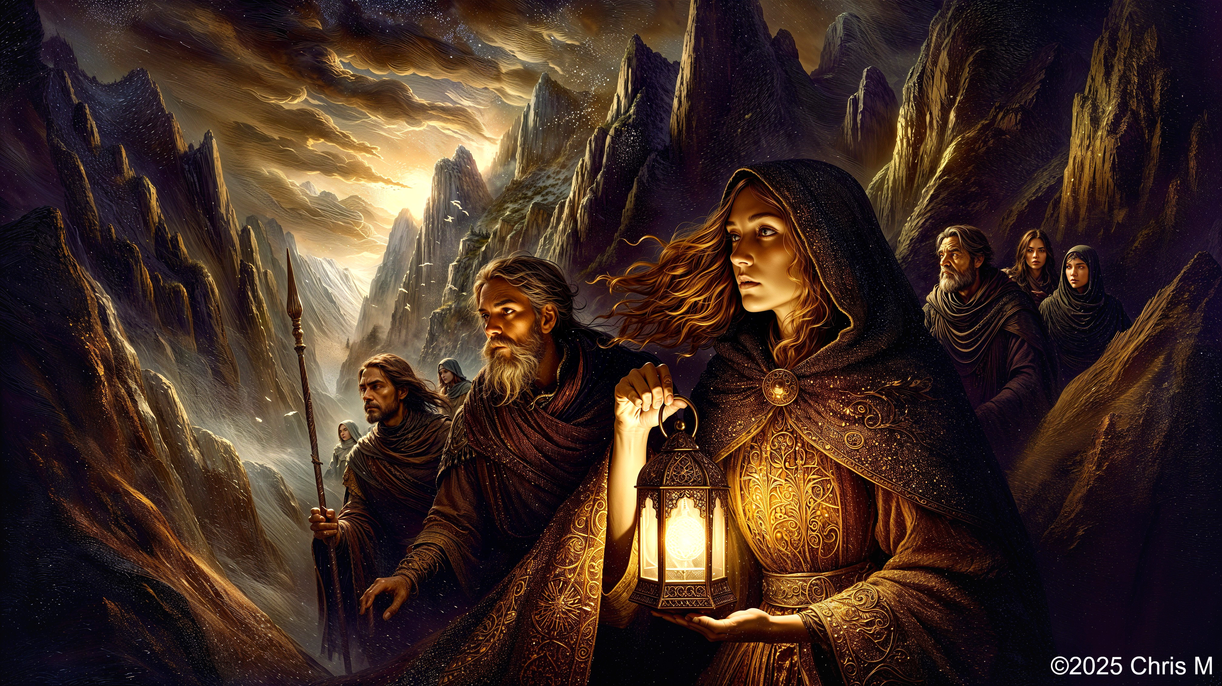 Cloaked Figures Journeying Through Mystical Mountains