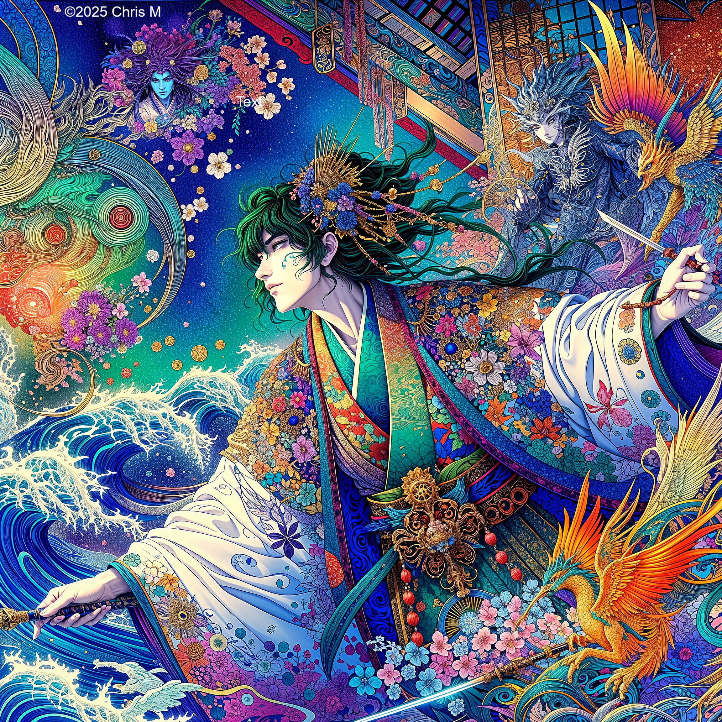 Vibrant Illustration of a Figure in Floral Kimono