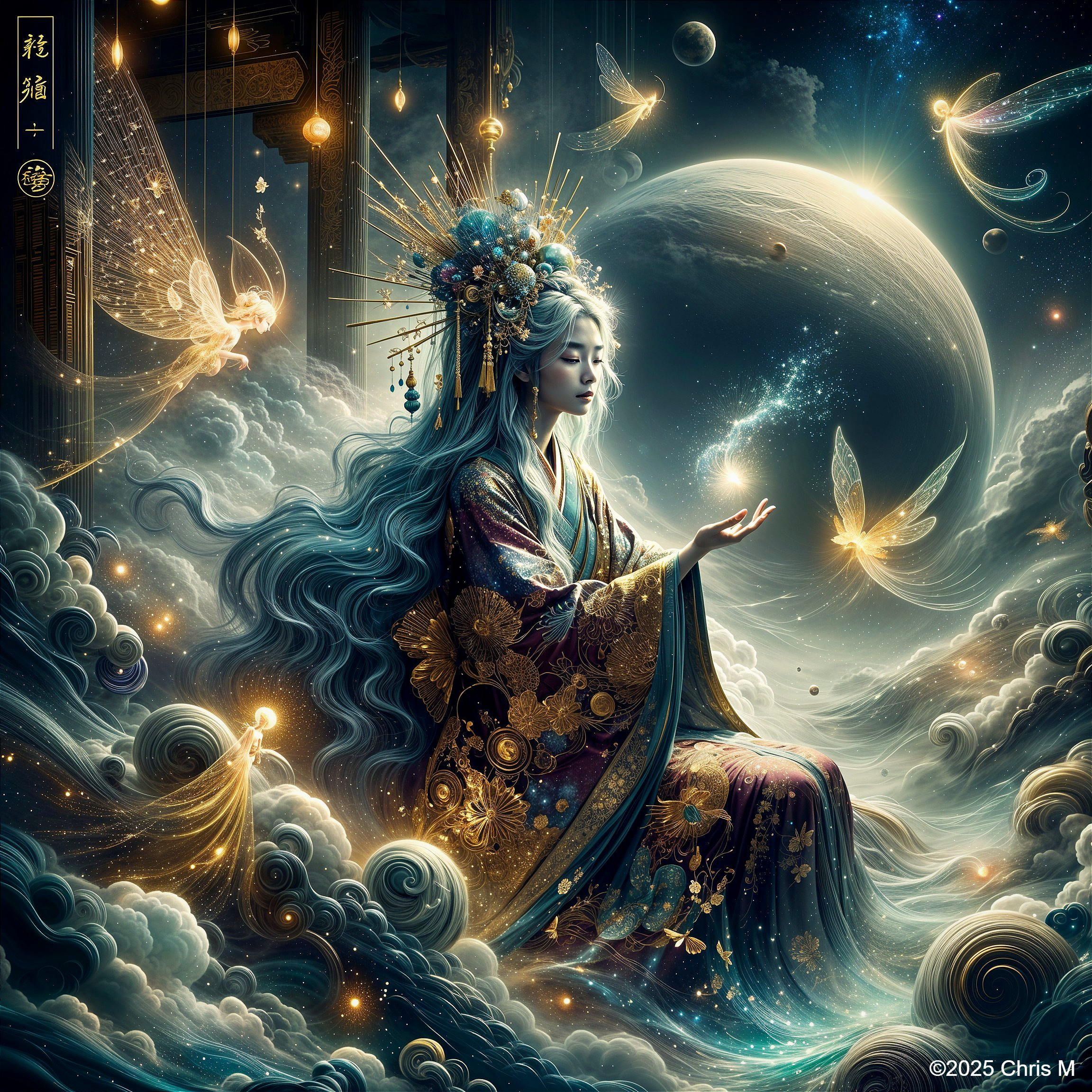 Serene figure in ornate robe among cosmic clouds
