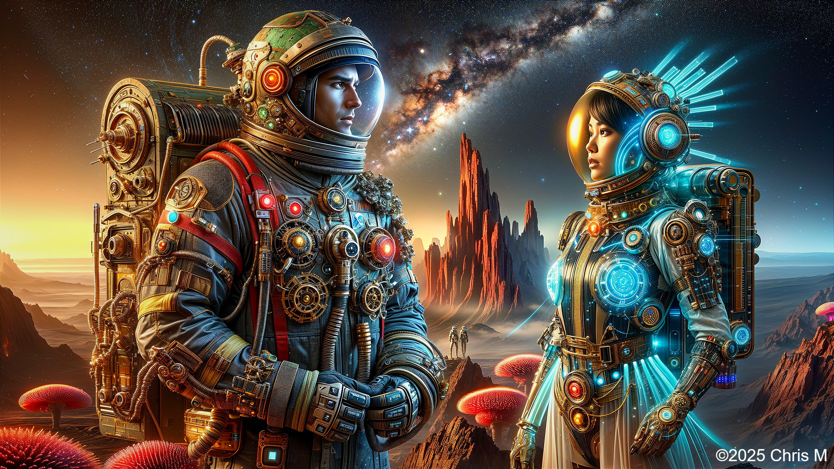 Astronauts in Futuristic Landscape with Colorful Plants