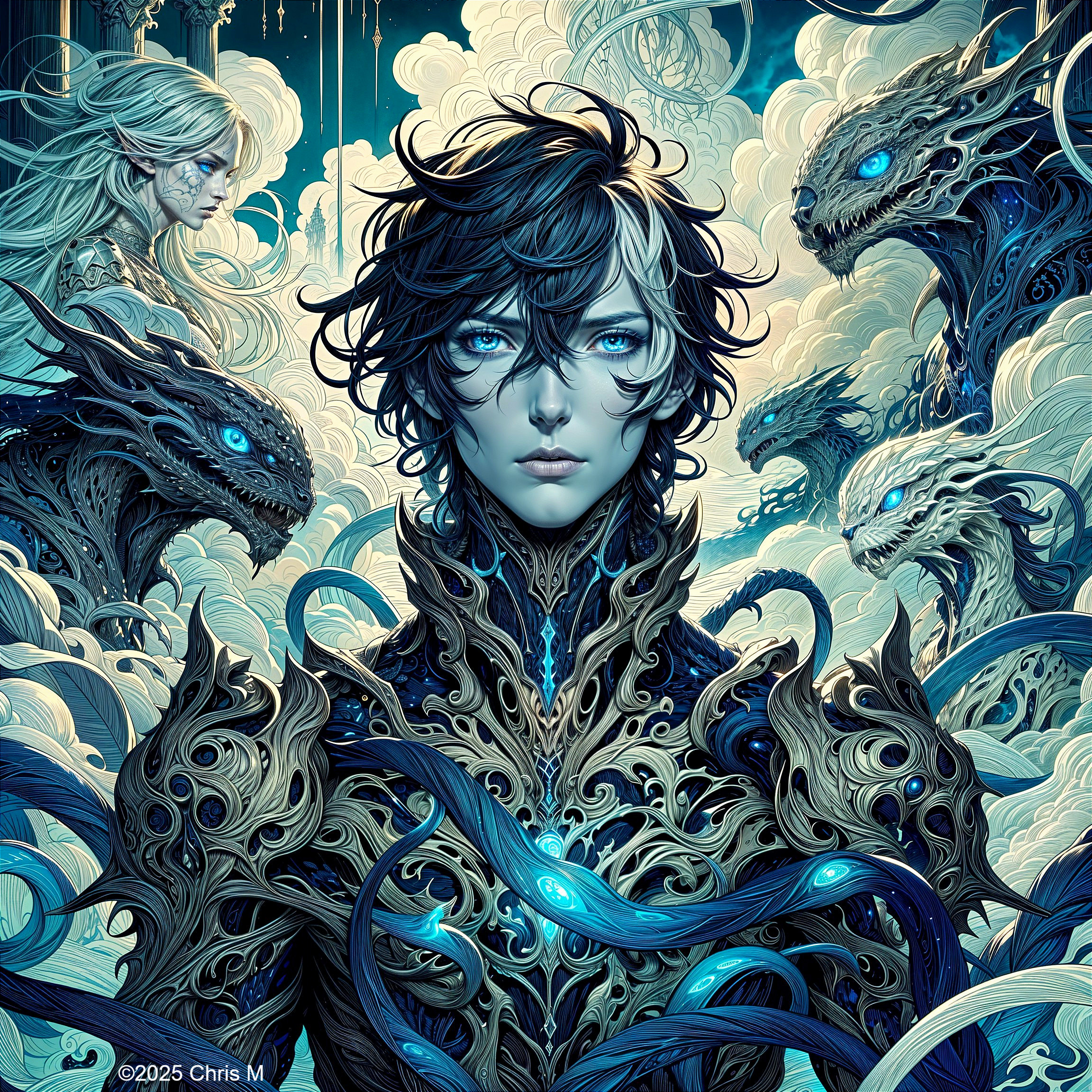 Fantasy Illustration of Armored Figure and Dragons
