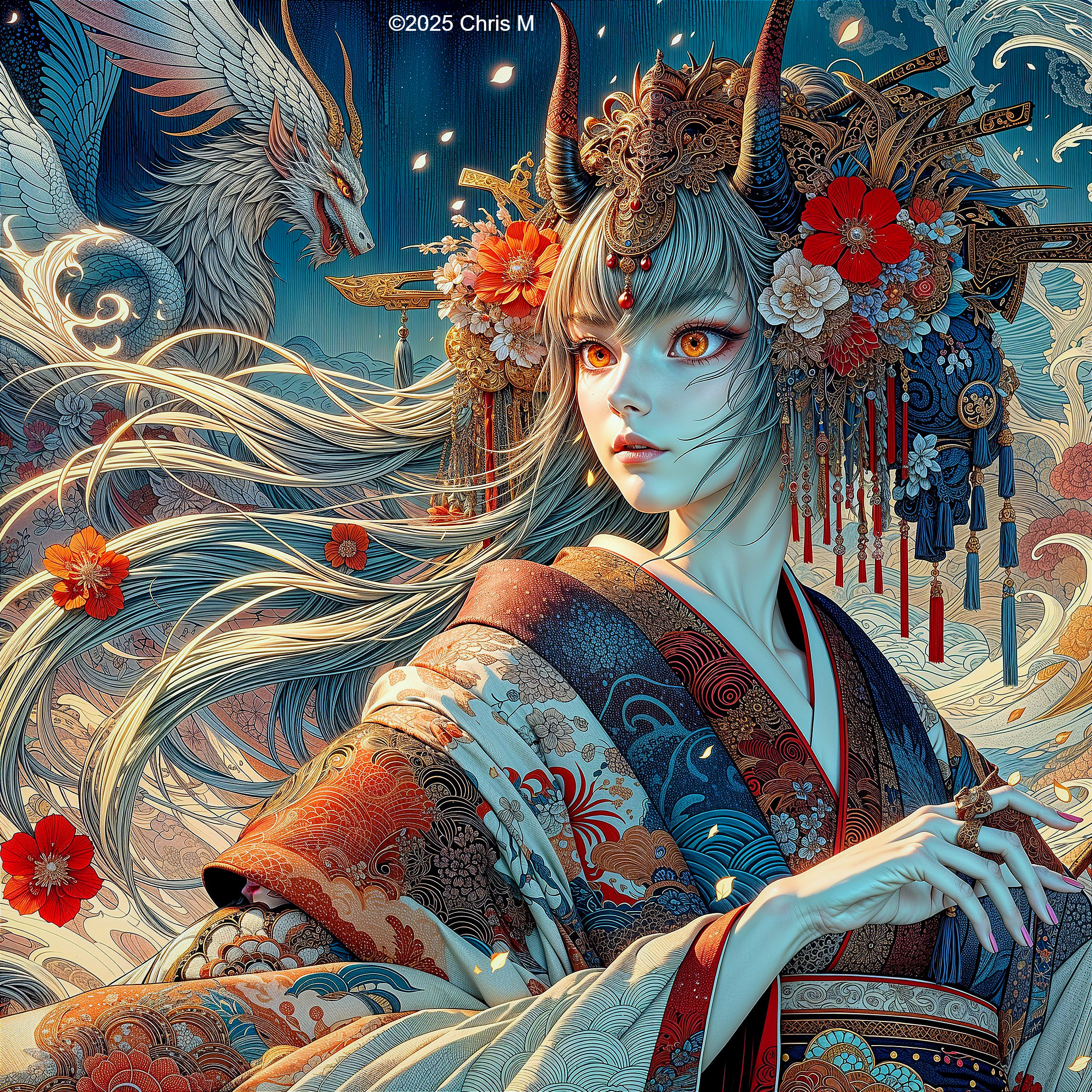 Ethereal Figure in Detailed Kimono with Dragon Background