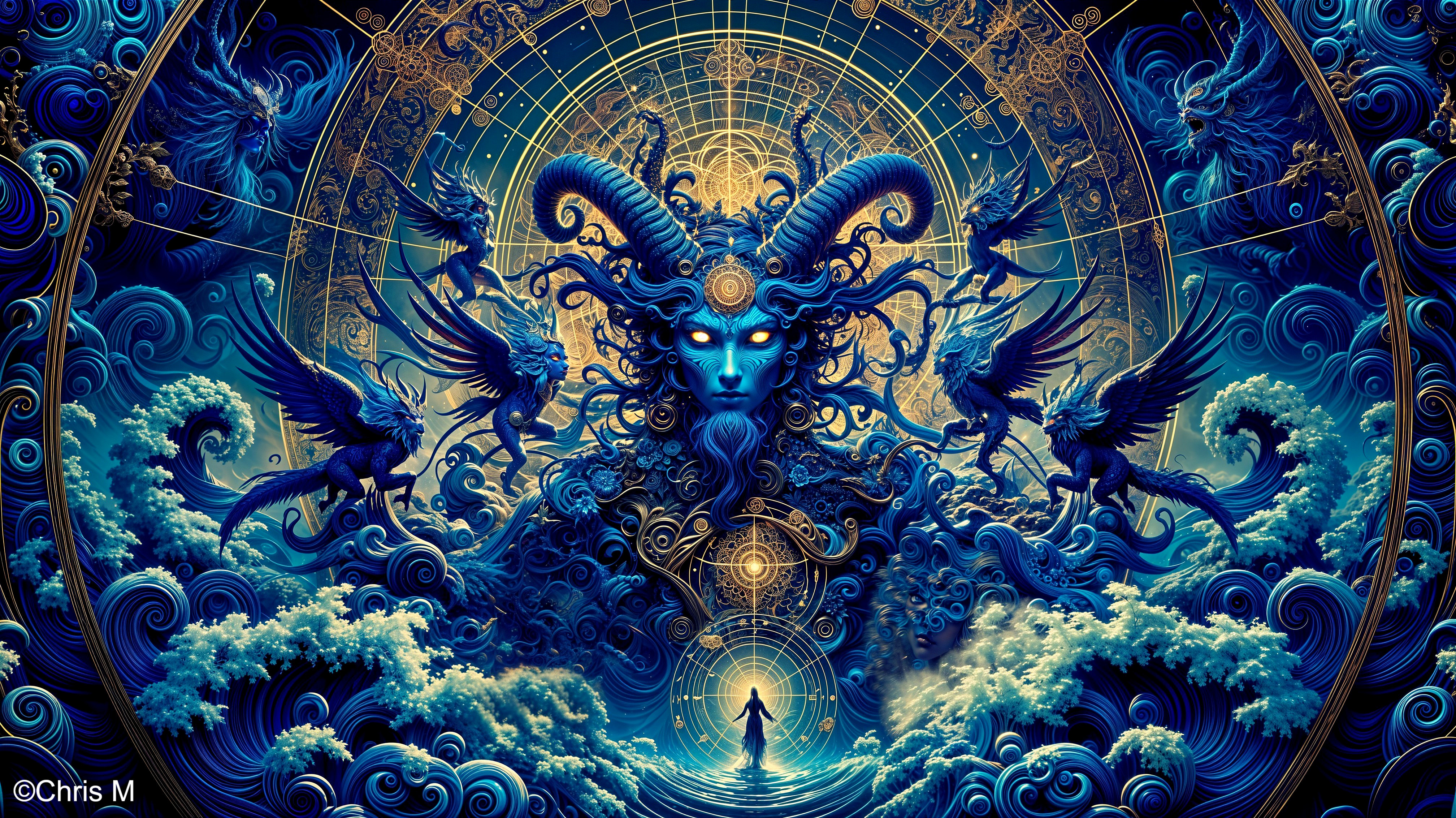 Digital Artwork of Mystical Figure with Cosmic Elements