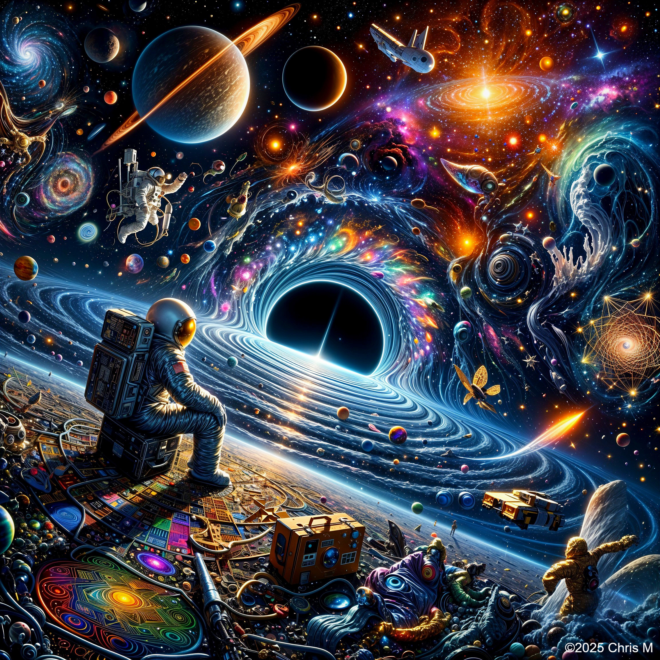 Cosmic Scene with Astronaut and Black Hole Elements