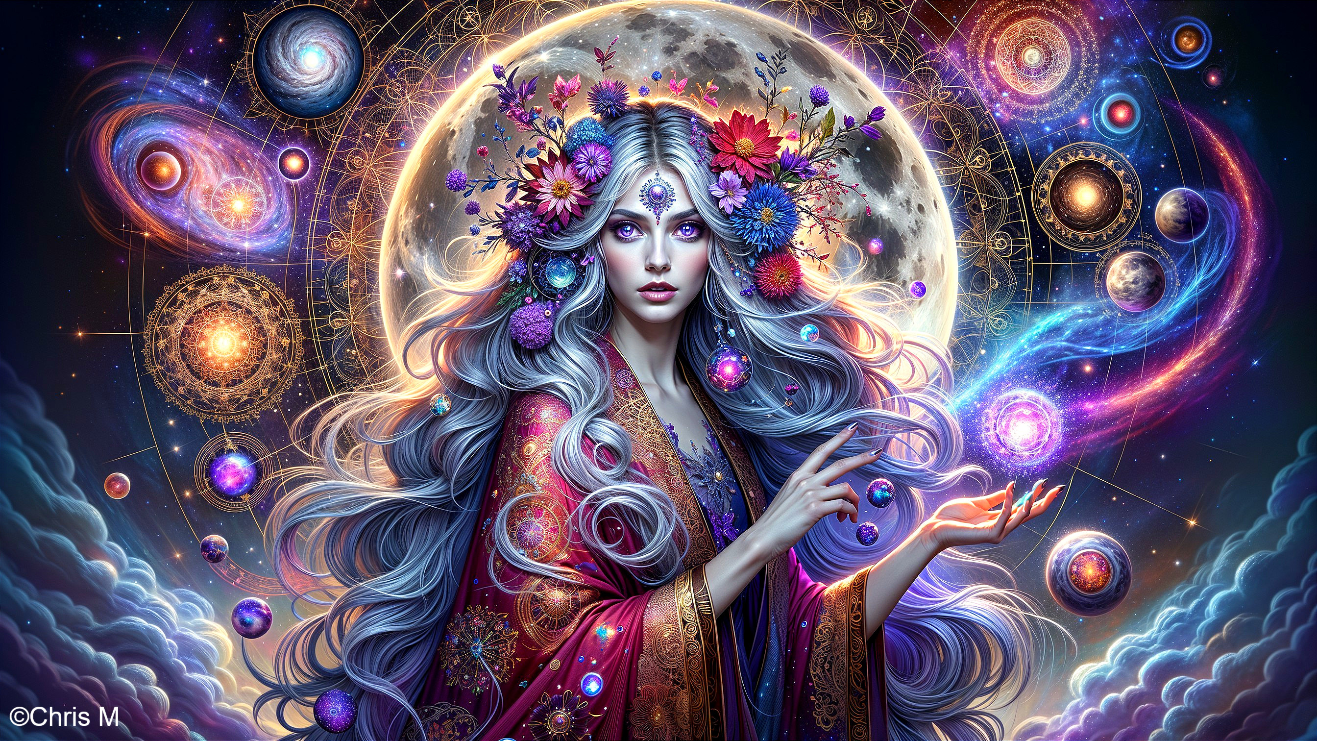 Mystical Figure with Flowers in Cosmic Setting