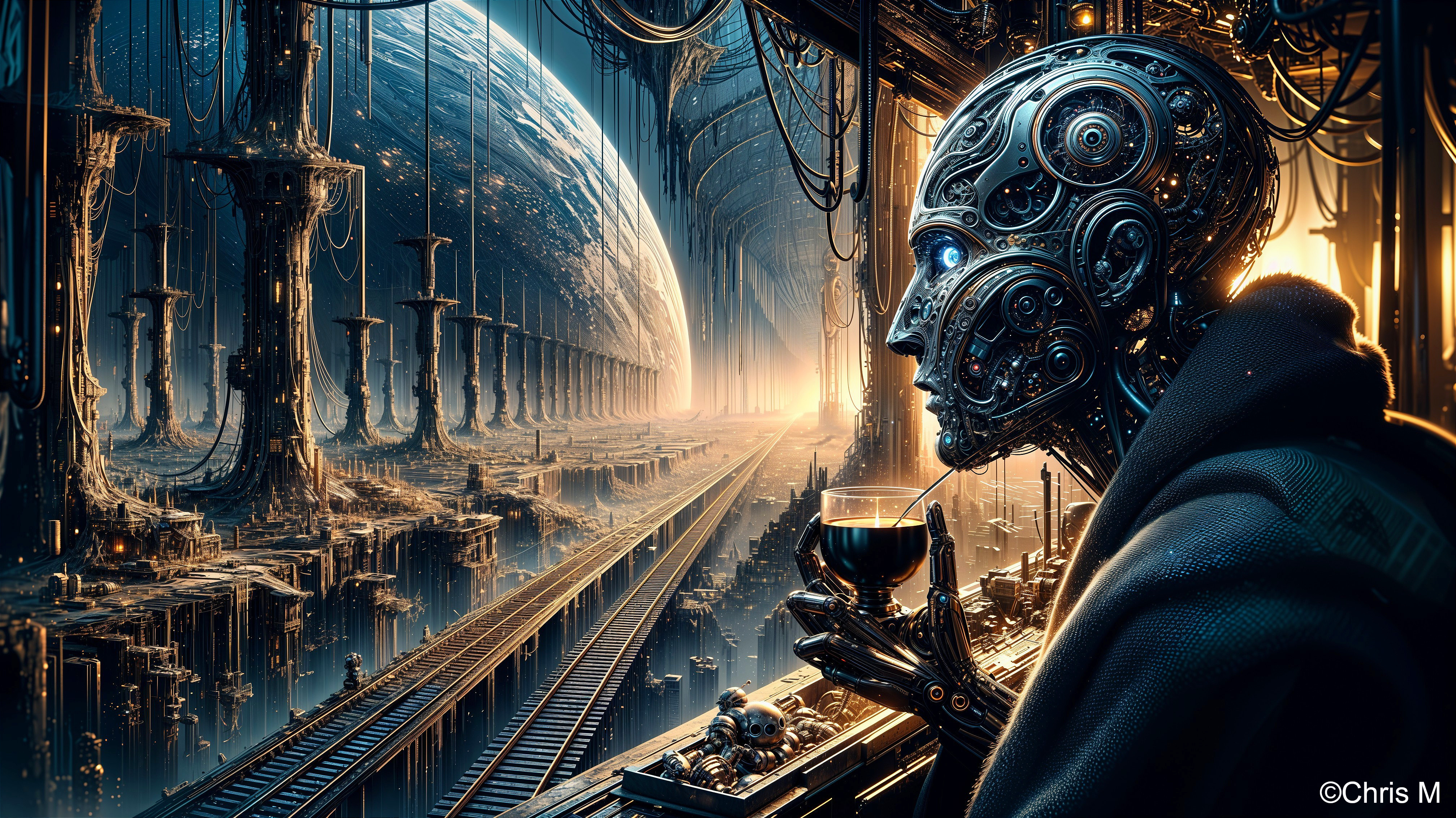 Humanoid Robot in Futuristic Metallic Landscape
