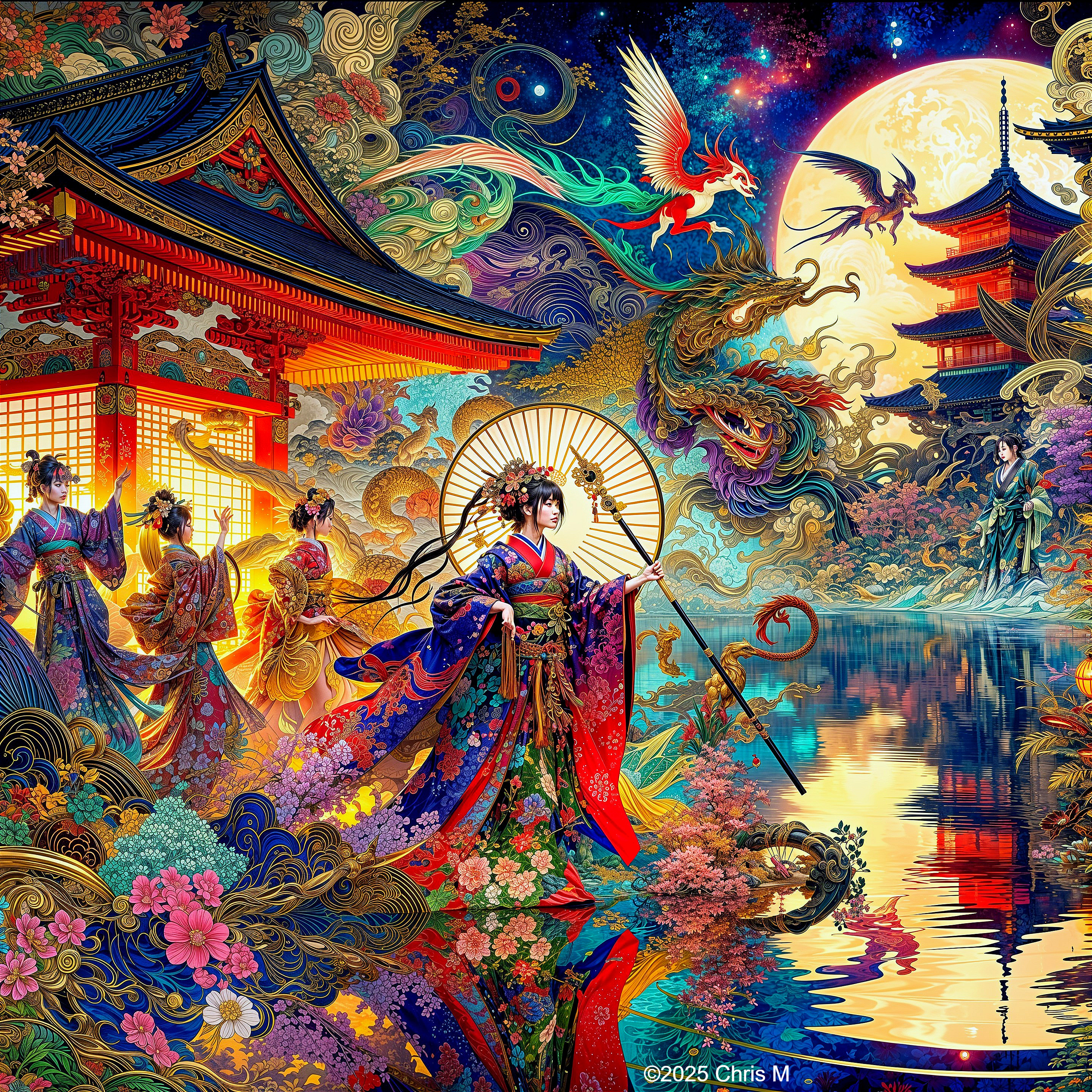 Traditional Japanese Night Scene with Moonlit Pagoda