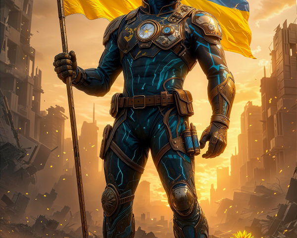 Futuristic soldier in armored suit with glowing patterns